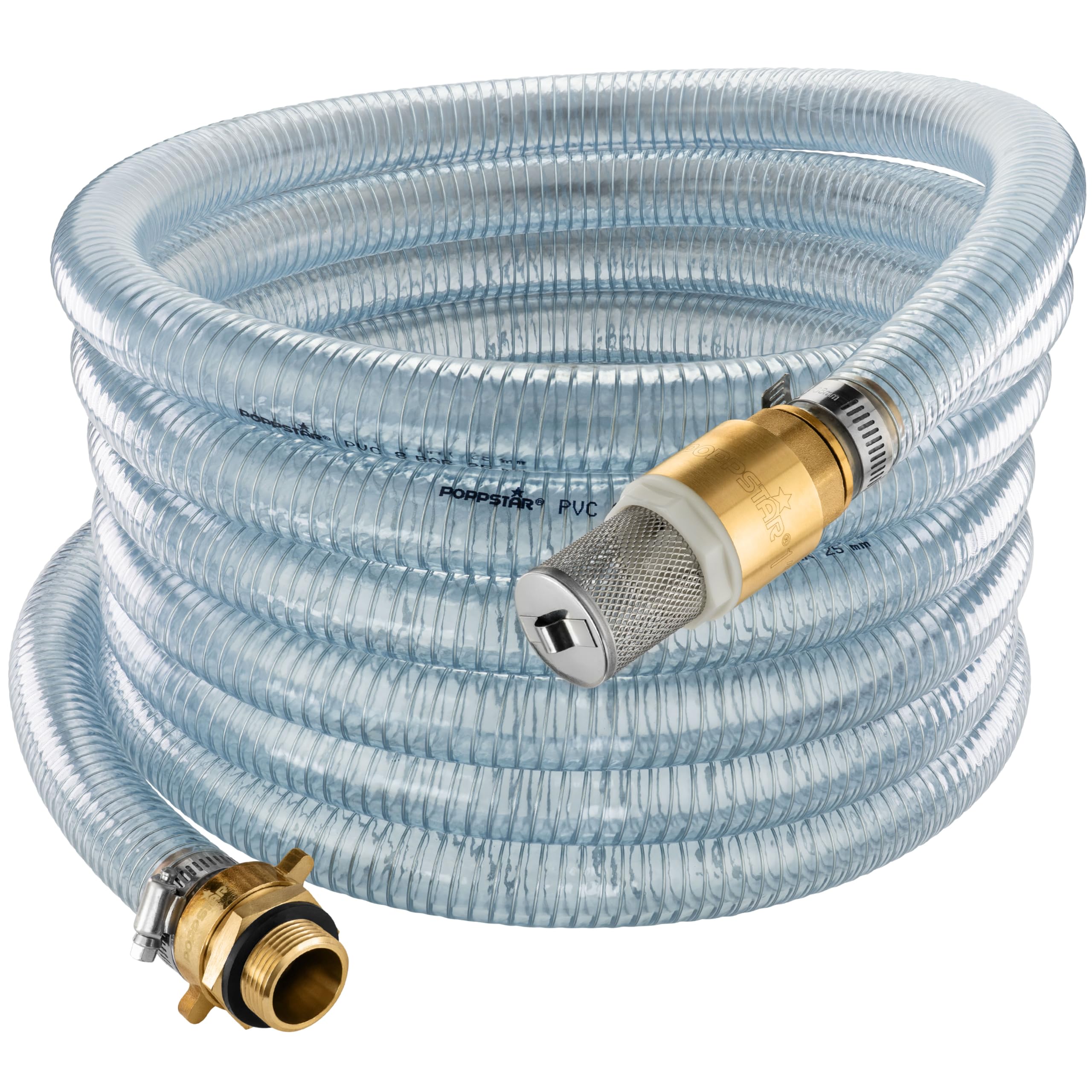 Poppstar Tuyau d'aspiration 1 pouce 7 m (DI 25 / DE 33 mm, Paroi 4 mm), crépine inox clapet anti-retour, écrou-raccord DI 1 1/4" (41,9 mm), réducteur DE 1" (33,3 mm)
