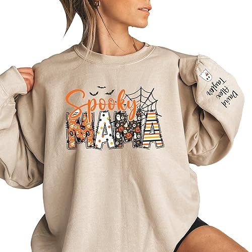 Personalized Halloween Mama Sweatshirt - Custom Spooky Mama Shirt with Kid Names on Sleeve Grandma Halloween Sweatshirt