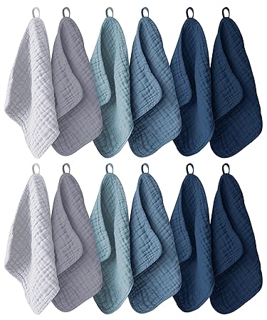 12 Pack Muslin Washcloths for Baby - 100% Cotton Baby Wash Cloths for or Baby Face Body Comfy and Soft for Newborn Infants Kids Girls and Boys - 12"x12" - Slate, Grey and Navy Series