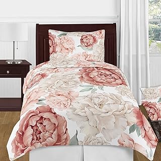 Sweet Jojo Designs Blush Pink Boho Shabby Chic Floral Girl Twin Comforter Set â€“ Single Size Bedding Kids Teen College Dorm Bed Room 4 Piece Off White Bohemian Vintage Garden Watercolor Flower Elegant