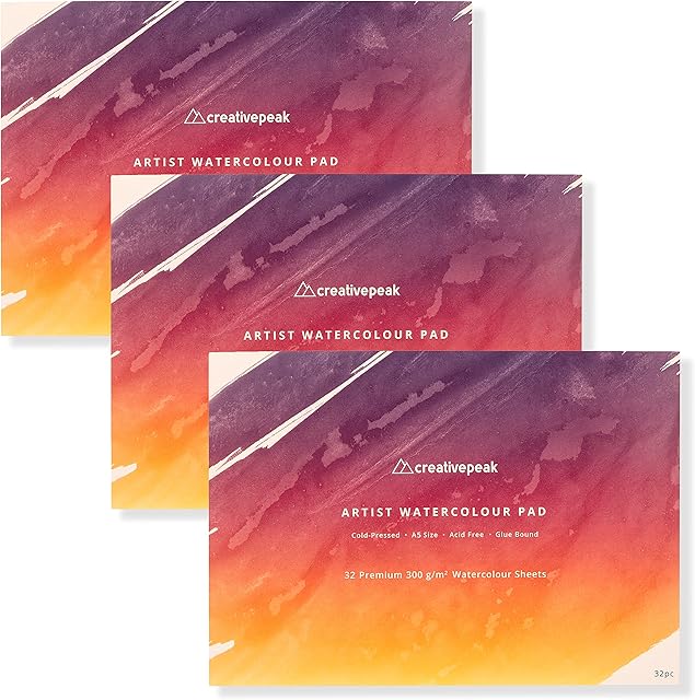 Watercolour Paper Pad Bundle, 96 Sheets, A5 (14.8x21cm) - Premium 300GSM Cold-Pressed Paper - Glue Bound & Acid-Free Art Supplies - Perfect for Painting, Calligraphy & Mixed Media - Creativepeak