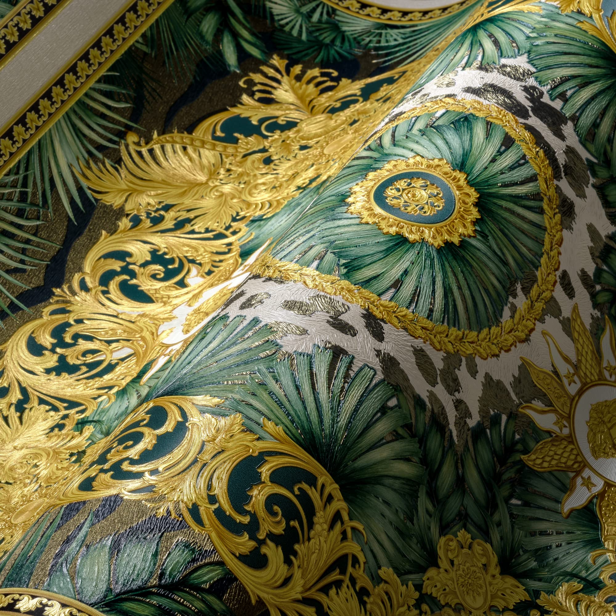A.s. Création Green, Gold Versace Wallpaper Jungle Wallpaper Luxury 387034 Green Gold White Palm Leaves Designer Logo 10.05 X 0.70 M Made In Germany