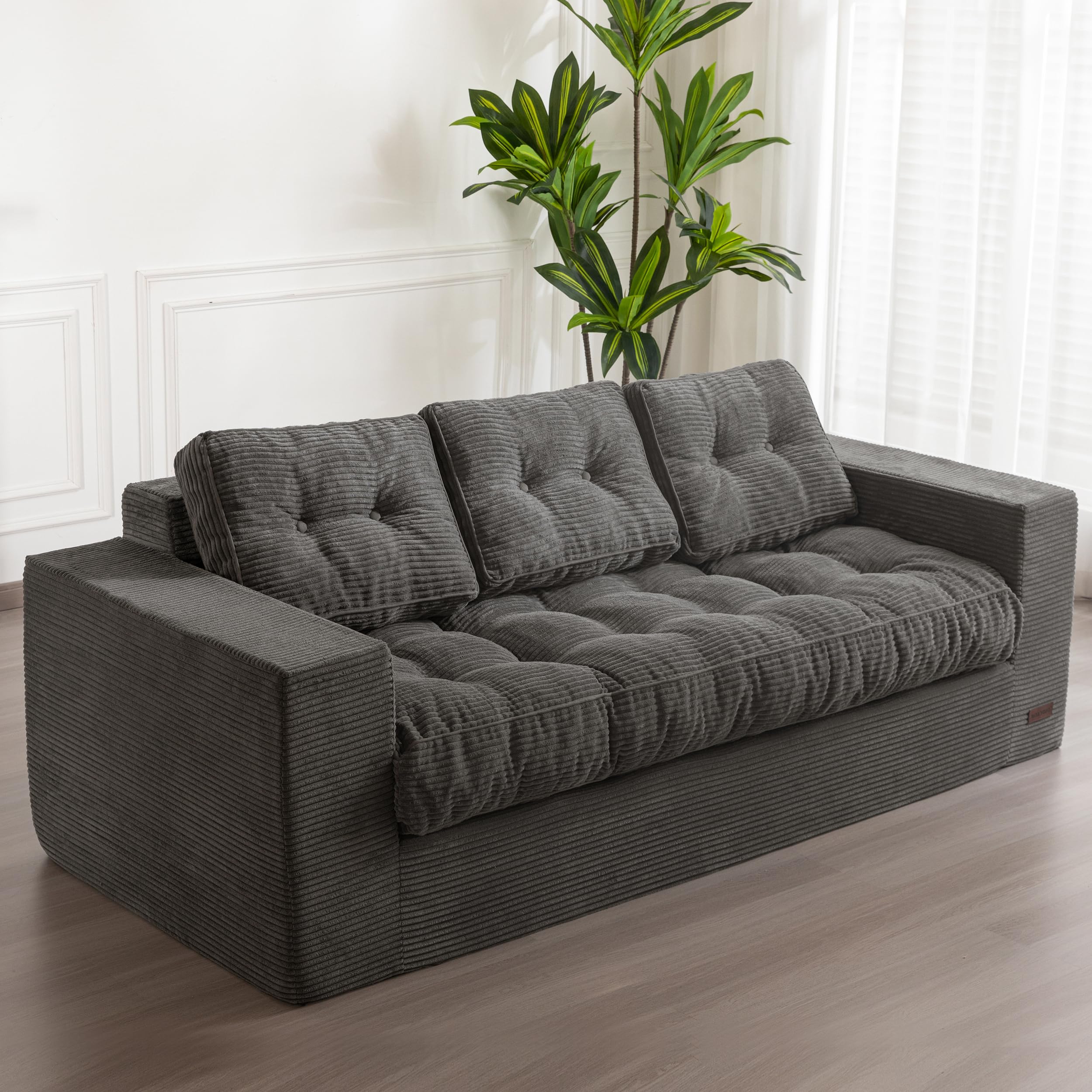MAXYOYO Sofa 3-osobowa, sztruksowa, tapicerowany fotel podłogowy z podłokietnikami, bez kości, z pikowaną poduszką i oparciem, duży worek do siedzenia do sypialni i salonu