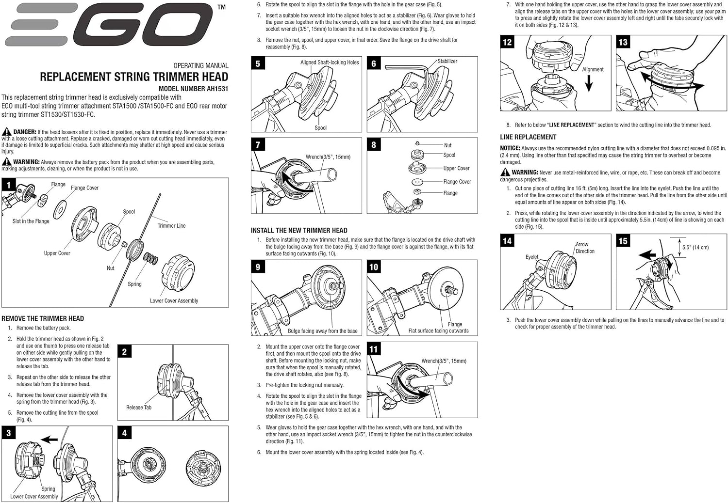 EGO Power+ AH1531 Replacement Rapid Reload Plus Trimmer Head (Anti-Clockwise) for EGO 15-Inch String Trimmer Models ST1534/ST1530/STA1500/MST1501/MHC1502, Black
