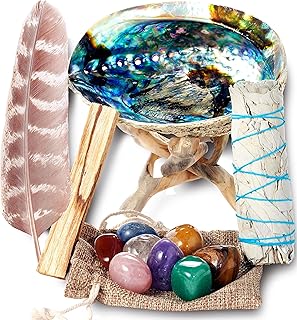 Sage Smudge Kit ~ White Sage Bundle ~ 8 Healing Chakra Stones ~ Abalone Shell & Stand ~ Smudging Feather ~ Cleanse Guide/B...