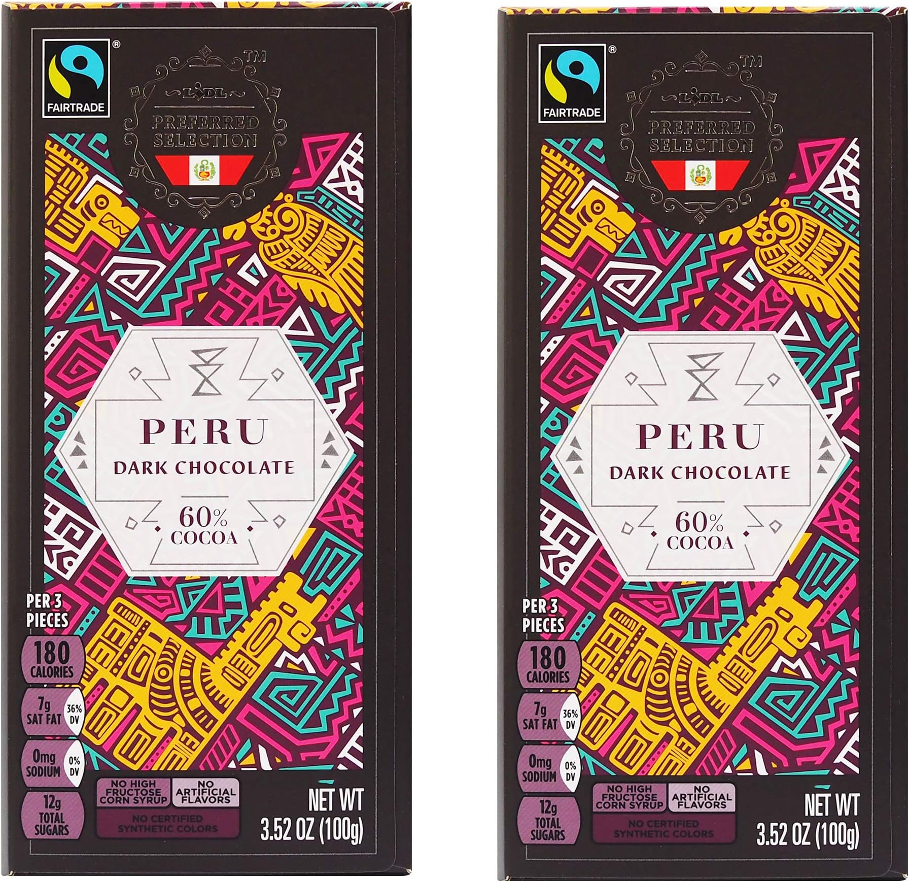 Lidl Preferred Selection Peru Dark Chocolate - 60% Dark - Fair Trade - Made in Germany (2 Pack)