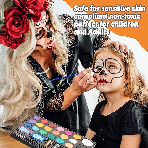 Miniatura 4 de Maydear Kit de pintura facial para niños, paleta de maquillaje a base de agua de 20 colores con plantillas, purpurina, pastel dividido de arcoíris,