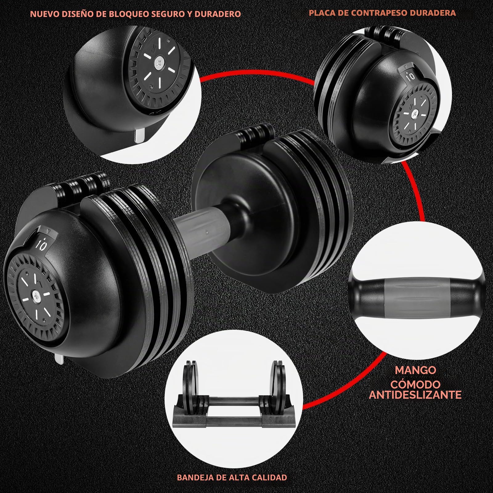 Mancuerna Ajustable 10kg 20kg 24kg, 5 Pesos ajustables, Entrenamientos de musculación indoor, Agarre ergonómico, Para gimnasio o hacer deporte en casa