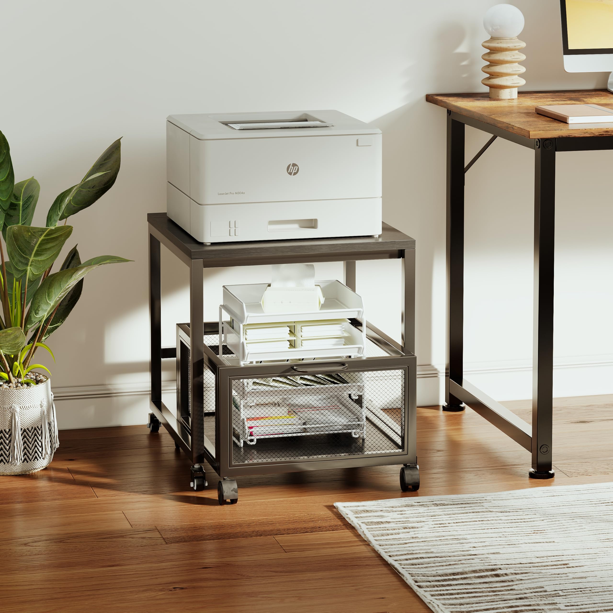 Tavolo per stampante con stoccaggio Drawer, supporto per stampante con ruote universali, supporto per stampante portatile in legno e metallo, 50 x 50 x 43 cm, portata fino a 70 kg, per ufficio, casa