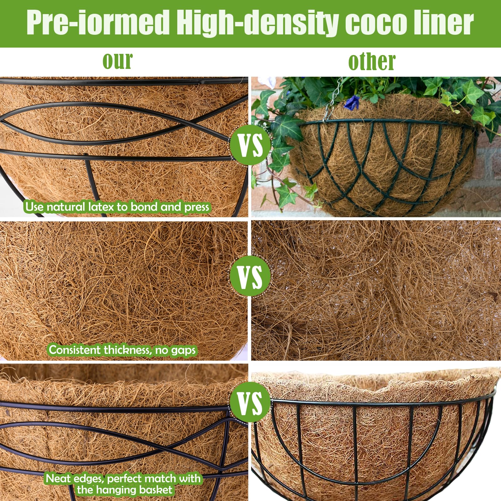 Doublures en fibre de noix de coco naturelle pour jardinières, doublures rondes de rechange pour panier de fleurs suspendu, grands pots de noix de coco pour plantation de jardin en plein air