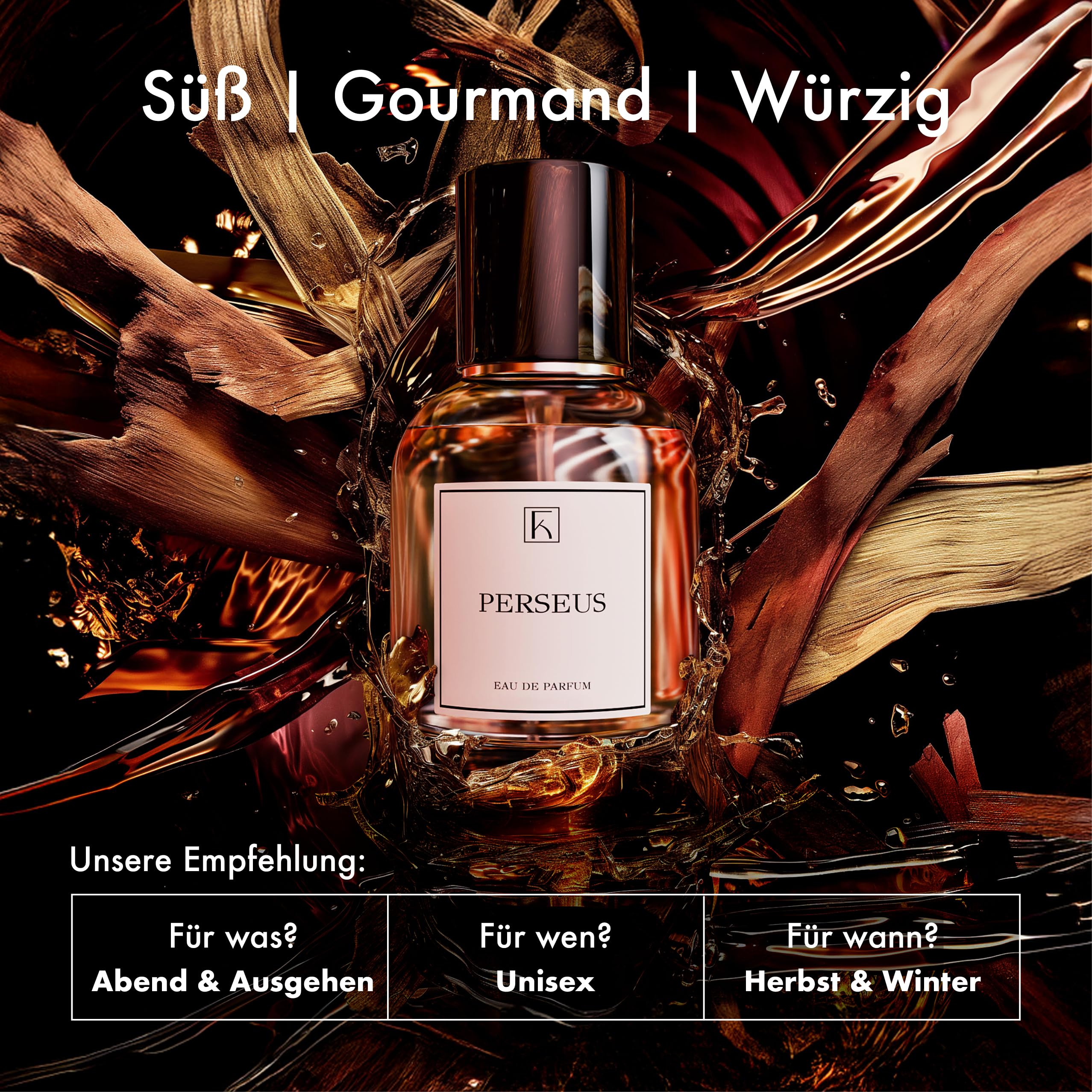 KAZAAR - PERSEUS - 50ml - Eau de Parfum für Herren & Damen – Süß-würzig mit Cognac, Zimt & Vanille – ideal für elegante Abende im Herbst & Winter – 20 % Duftöl für lange Haltbarkeit – Swiss Made