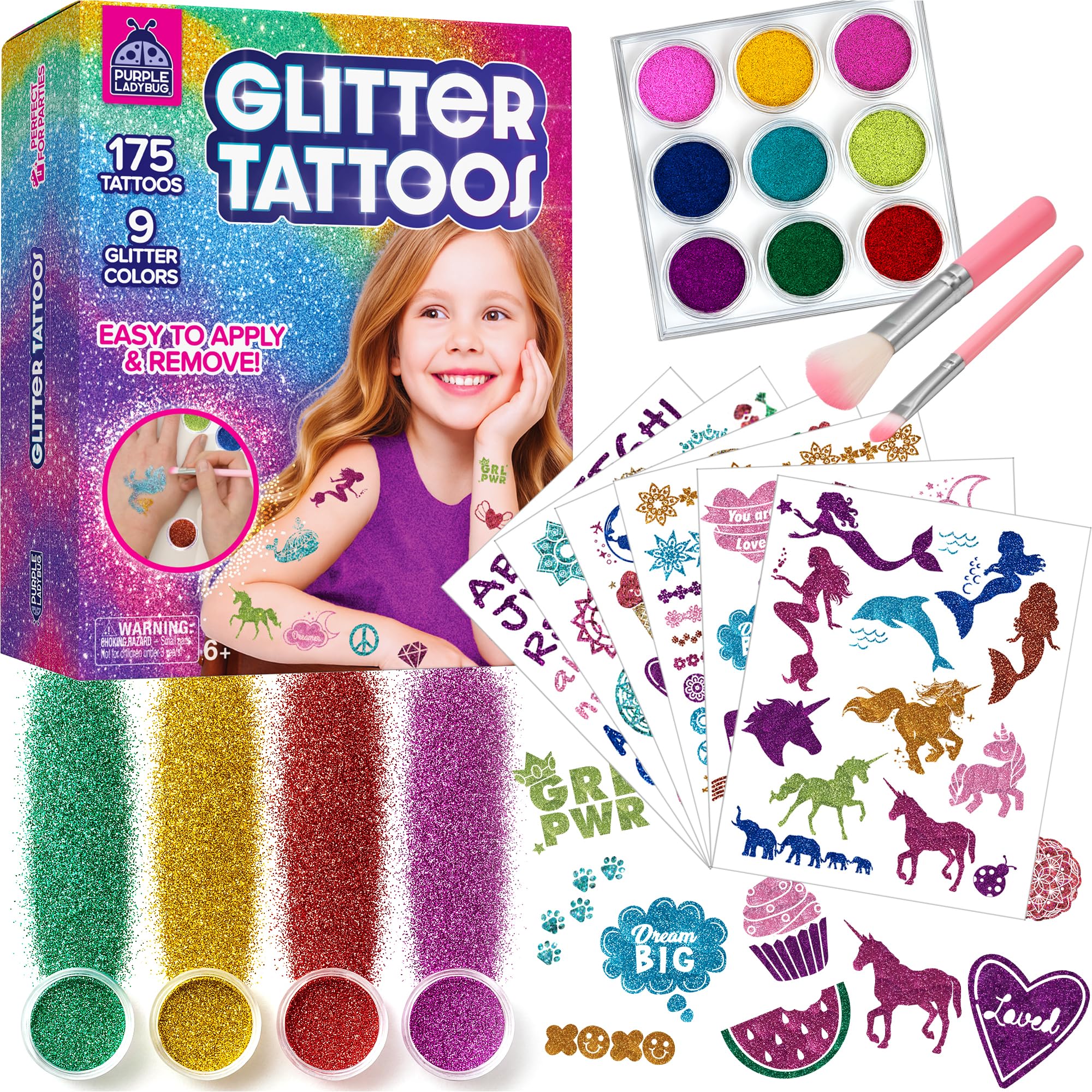 PURPLE LADYBUG Glitter Tattoo for Kids - Glitter Tattoo Kit 9 Colours, 175 Designs - Fun 5 Year Old Girls Gifts, Safe Temporary Tattoos for Girls Ages 5-12, Stocking Fillers, Early Christmas Presents