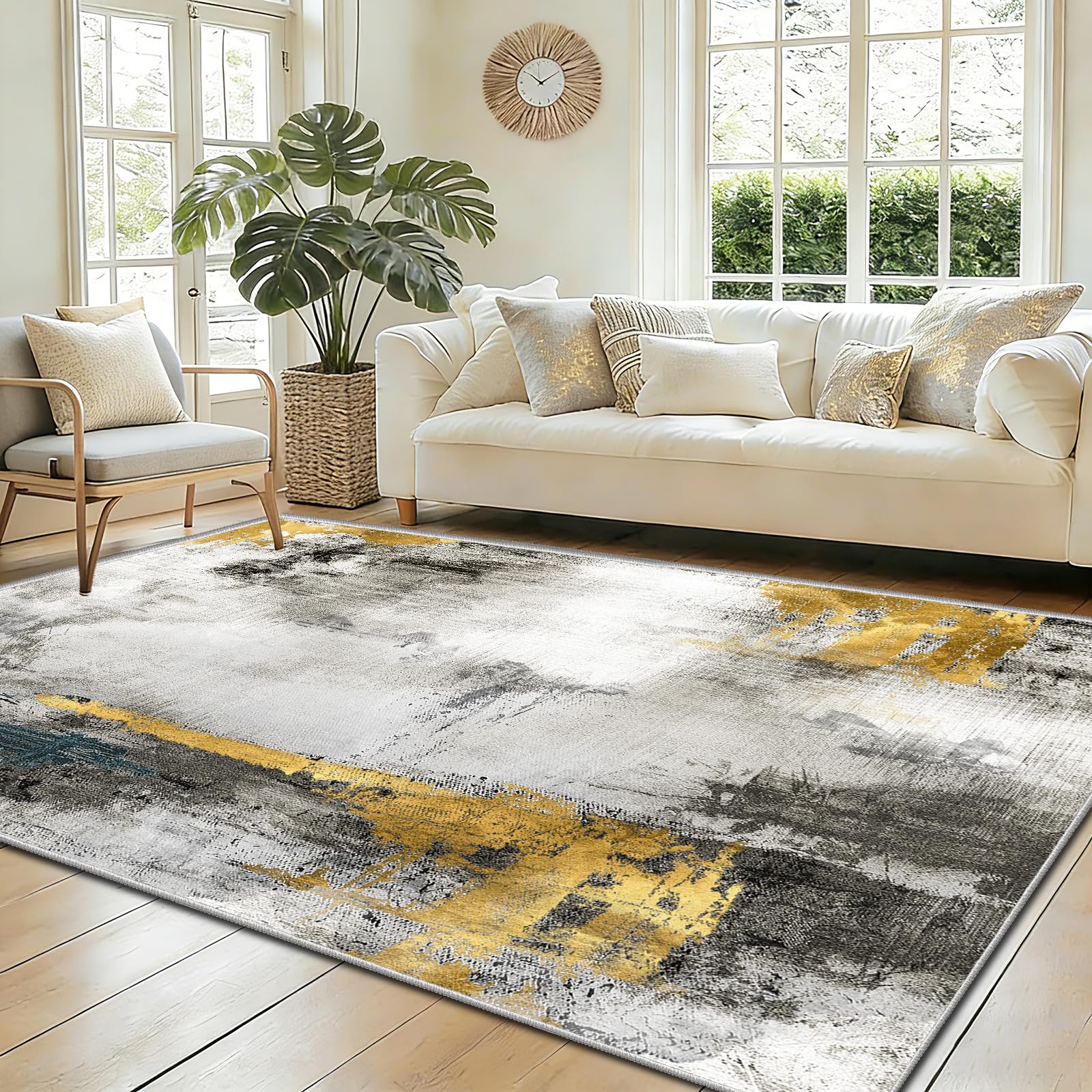 WQMMD Washable Abstract Short Pile Rug 120x180cm Non Slip Minimalist Black White Yellow Carpet Decorative Floor Mat for Living Room Bedroom Dining Room Kitchen Office Apartment Home