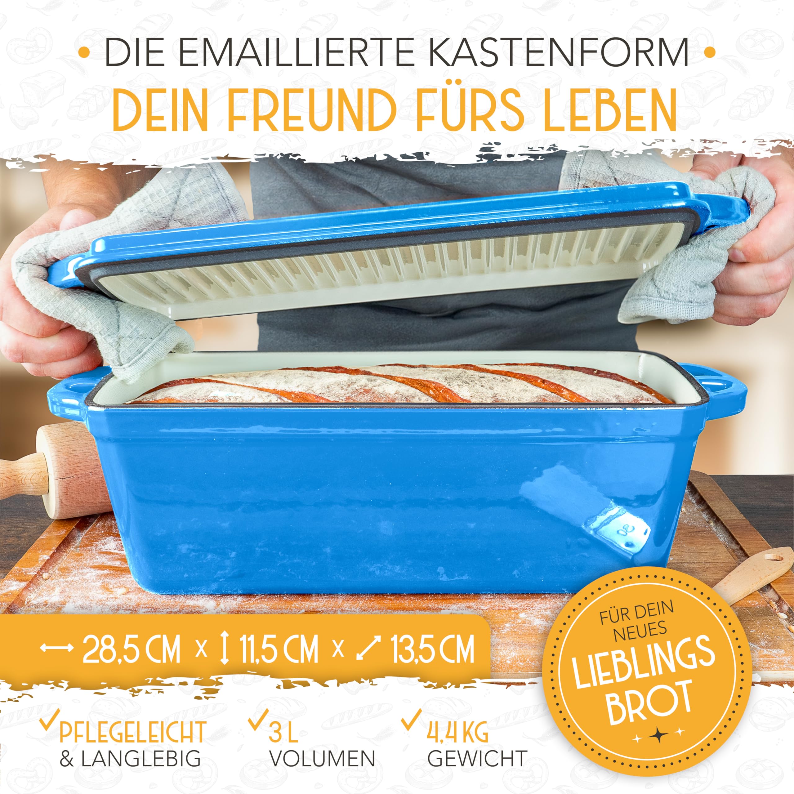 KRUSTENZAUBER Molde de pan esmaltado con tapa, incluye cesta de fermentación, molde robusto de 28 cm de hierro fundido, ideal como molde de caja, pan tostado, molde para pan, molde de pan, olla de