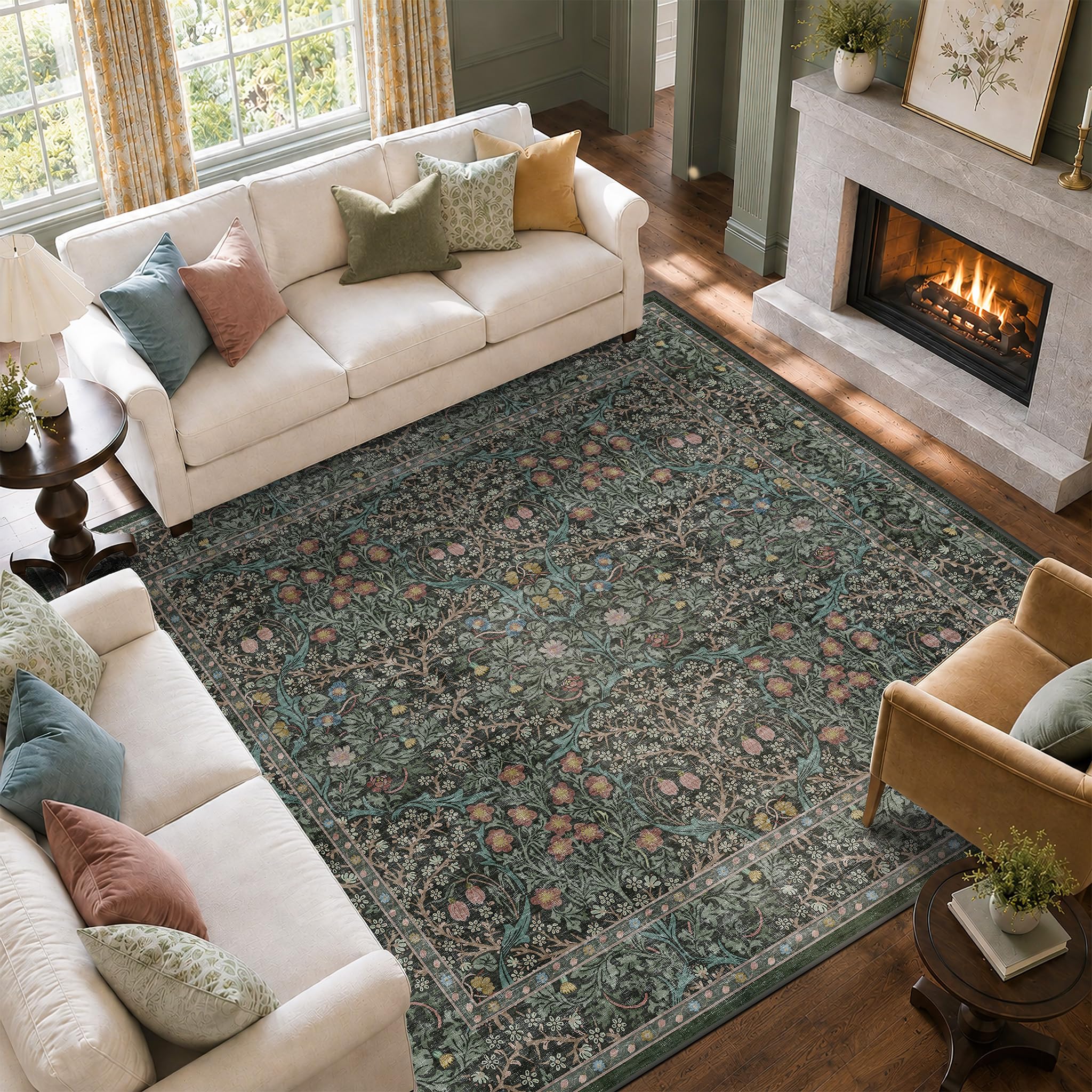 Hazo Haus Vintage Washable Square Rug 8x8 Dark Green Oriental Floral
