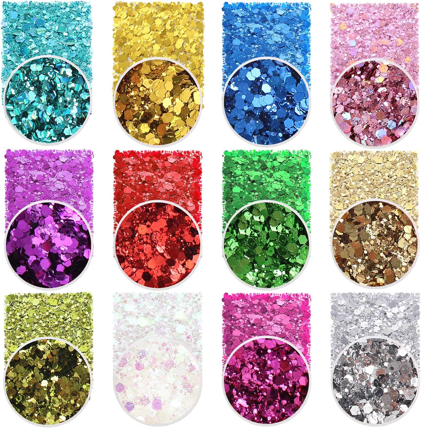 Holographic Chunky Glitter Sequins, 12 Colors Mixed Cosmetic Glitter for Face Body Eye Hair Nail Art Lip Gloss Makeup, Festival Glitter with Different Hexagons Size and Stars (Laser Mix) : Beauty & Personal Care