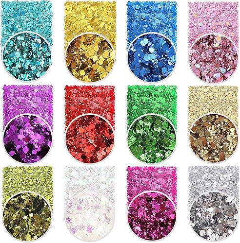 Lentejuelas holográficas gruesas con purpurina, 12 colores mezclados con láser, purpurina cosmética para cara, cuerpo, ojos, cabello, arte de uñas,
