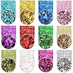 Holographic Chunky Sequins 12 Colors Mixed Laser Cosmetic Glitter for Face, Body, Eye, Hair, Nail Art, Lip Gloss - Festival Glitter Makeup with Different Hexagon Sizes (Metallic Mix)