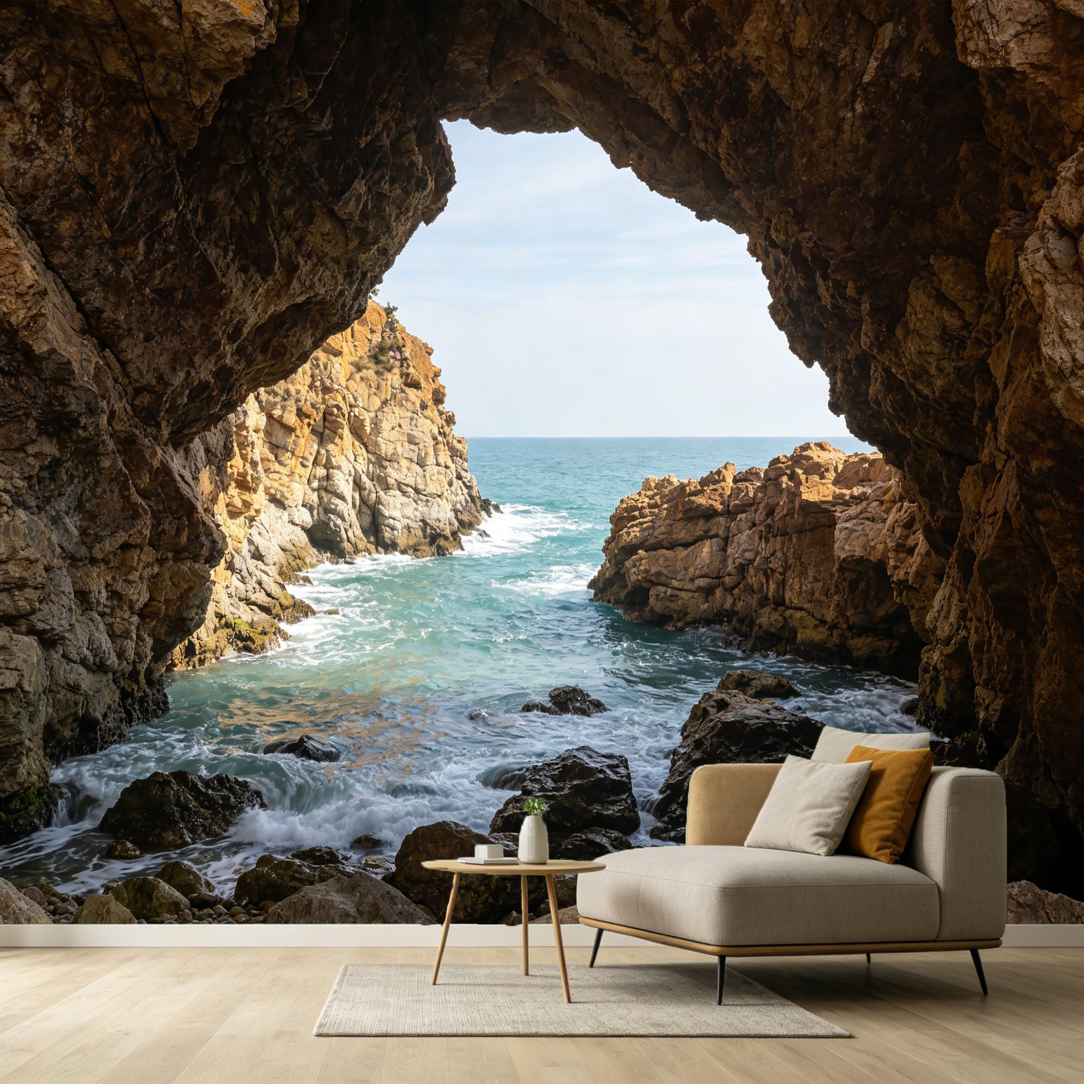 Custom Size Wall Murals Coastal Ocean Marine 3D Trompe L'Oeil Sea Cave Rocks Cliff SelfAdhesive Wall Fabric Removable Large Wallpaper for Photo Living Room