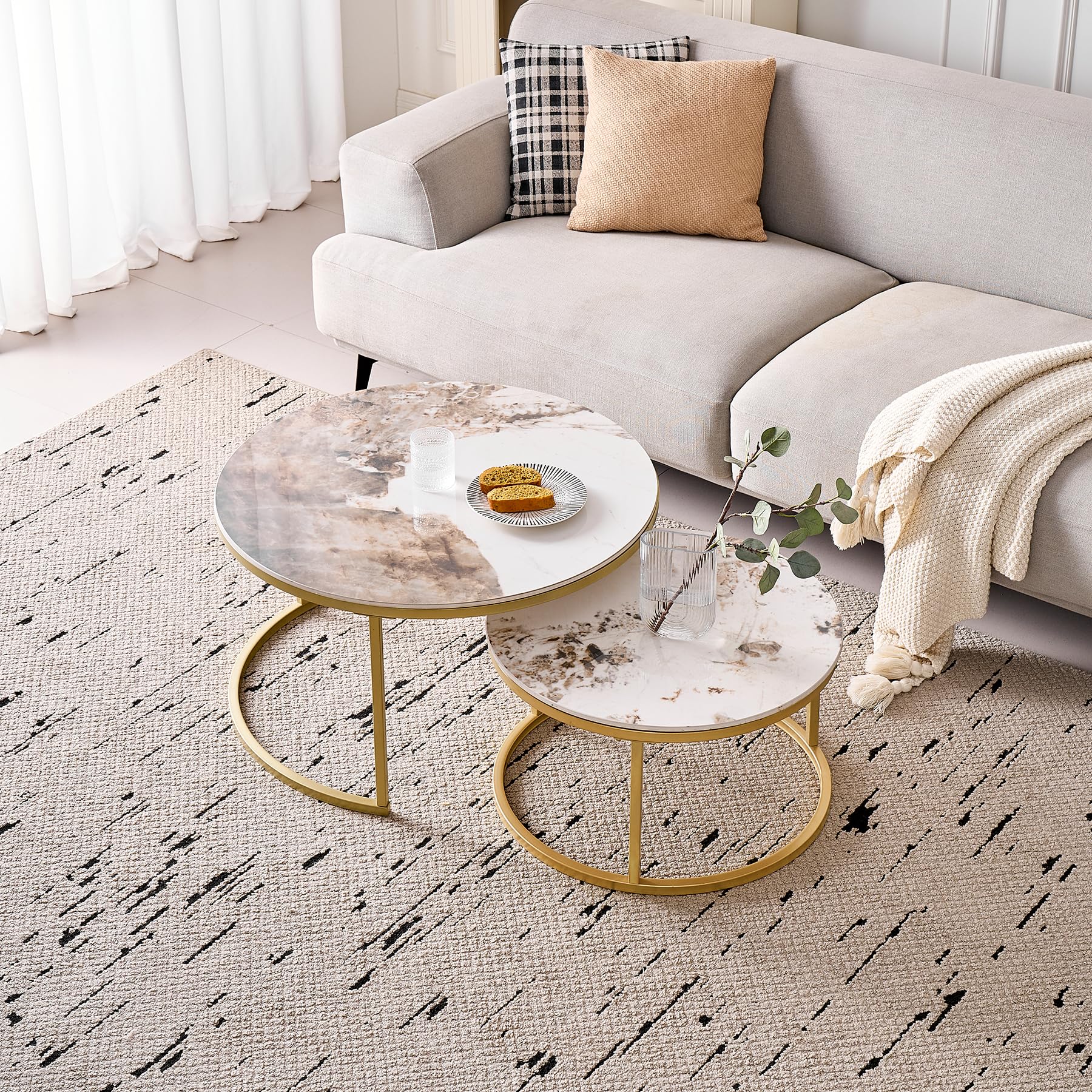 Runden Couchtisch 2er Set, Moderne Satztische mit Keramikplatte (Keine MDF-Platte), Ideal für Wohnzimmer, Schlafzimmer, Balkon und Büro (Pandora+Gold), 60+80cm