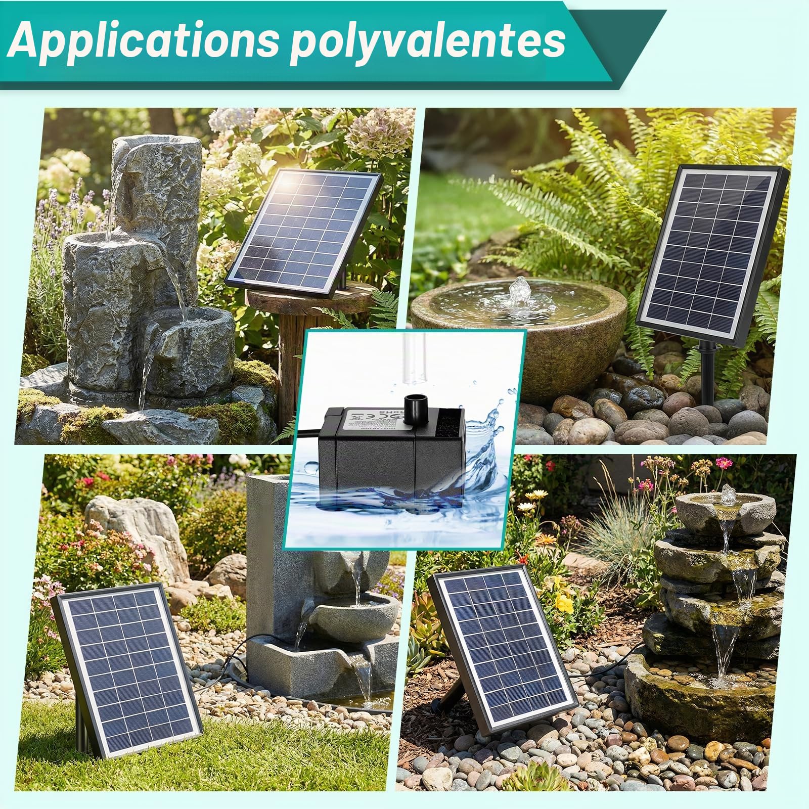 Clevich 6,5W Fontaine Solaire, Pompe à Eau Solaire, avec Tuyau d'eau de 1 m, Câble de 3,25 m, pour Bassins à Poissons, Petits Bassins, Cascades, Pots de Fleurs, Fontaines Décoratives