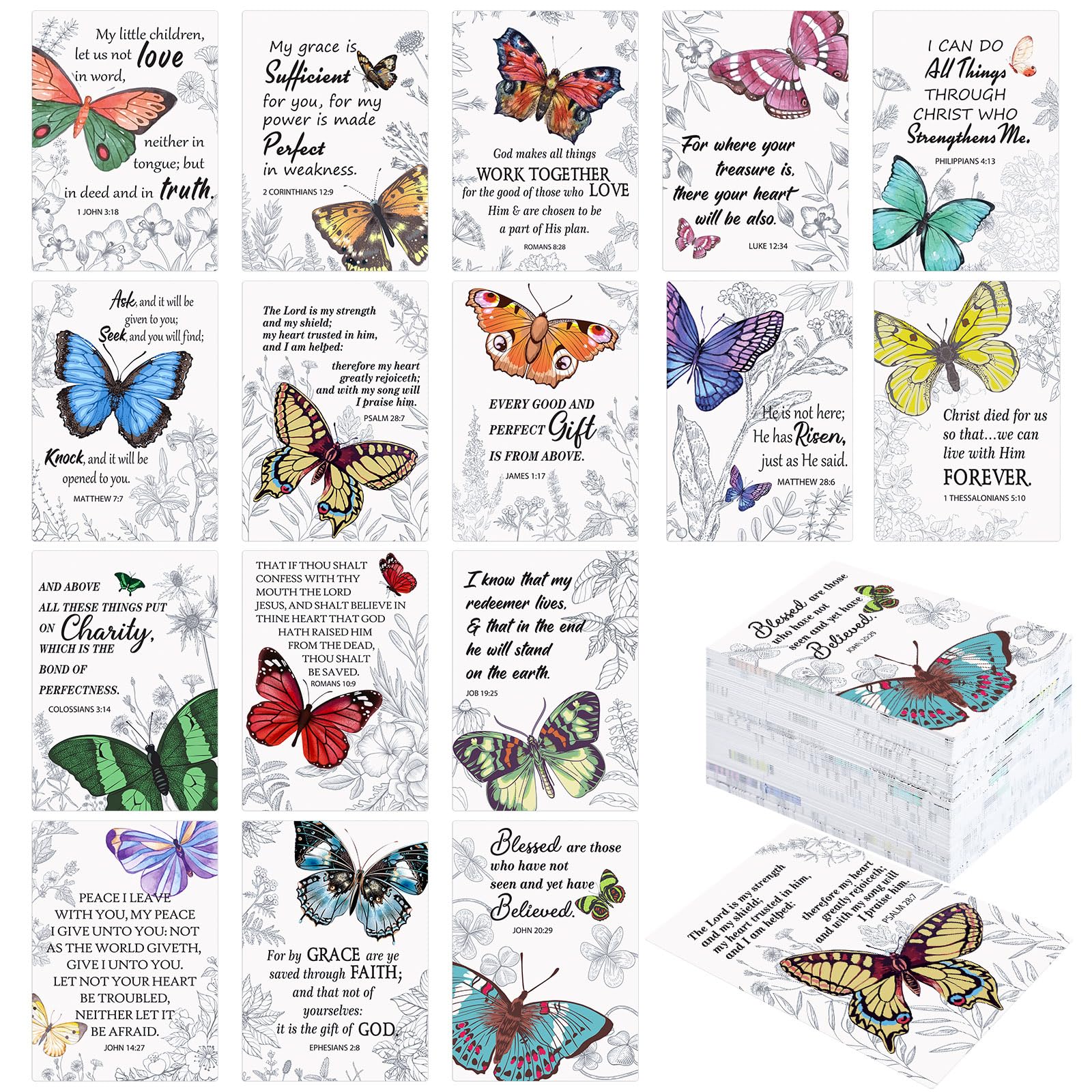 Skyygemm 160 tarjetas de mariposa de primavera a granel surtido de tarjetas religiosas de primavera con versículos bíblicos regalos cristianos inspiradores para oración de iglesia, escuela dominical,