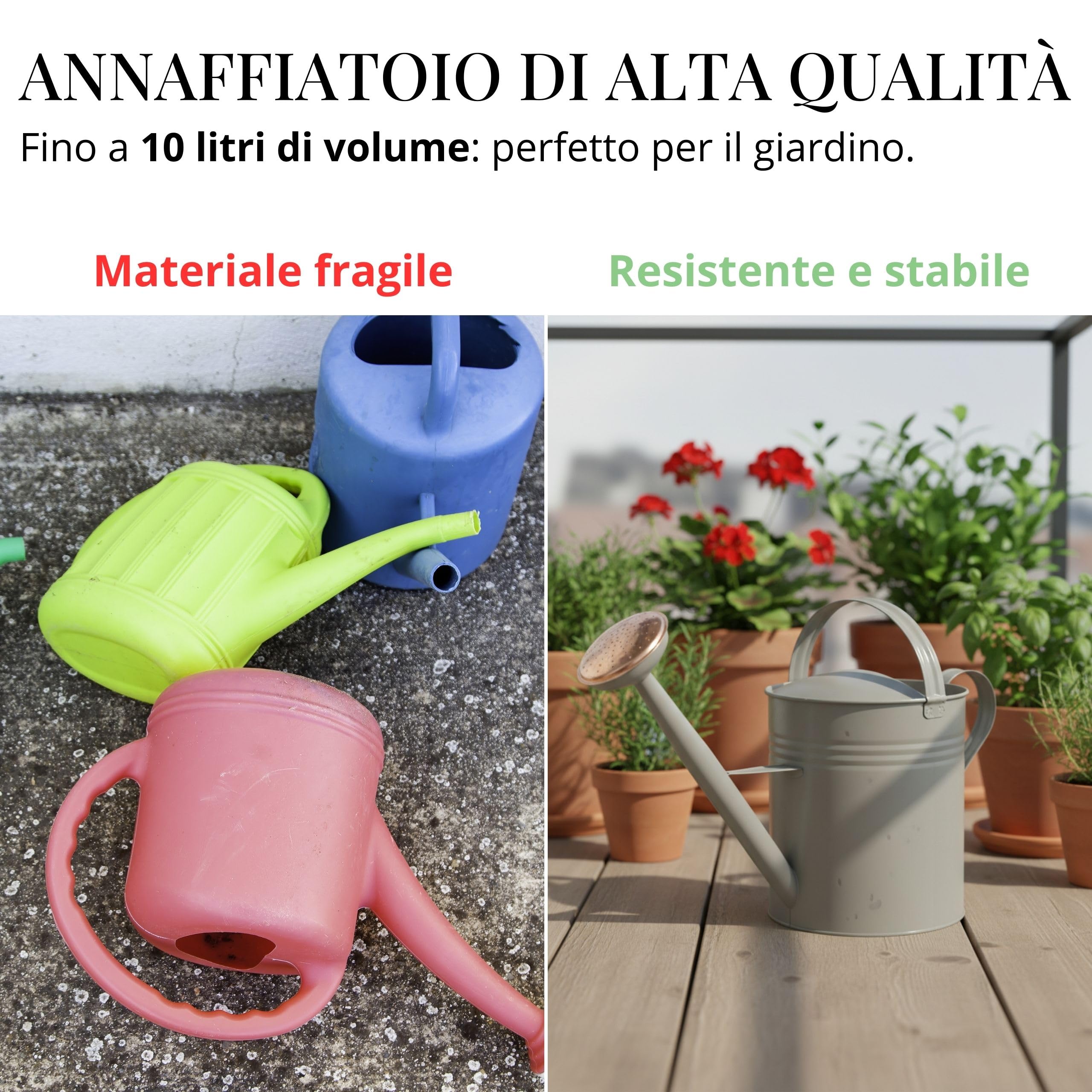 LIVLIG Annaffiatoio 10 Litri 2 Manici – Giardino con Doppio Manico e Pomello Removibile in Ottone, Design Vintage, Verde