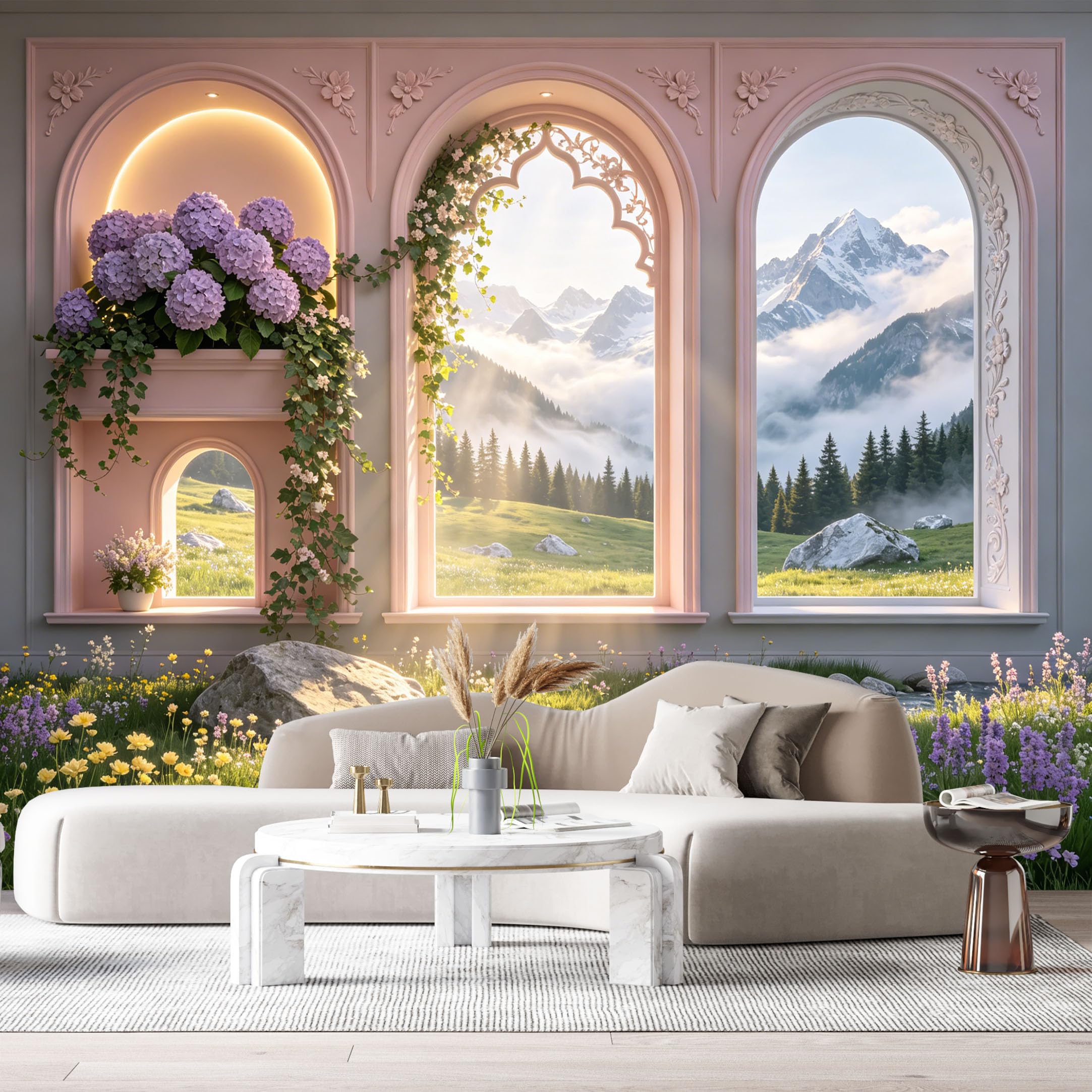 Custom Size Wall Murals Neoclassical Window View Mountain Lake Forest Hydrangea Flowers 3D Trompe L'Oeil SelfAdhesive Wall Fabric Removable Large Wallpaper for Living Room