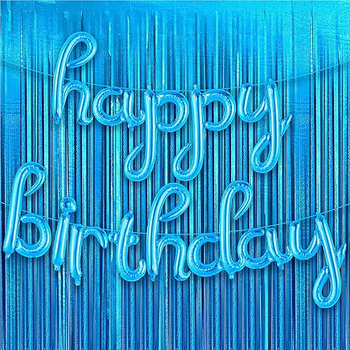 Katchon, Cortina tipo telón de fondo azul iridiscente de 6.4 x 8 pies, pancarta azul de feliz cumpleaños Serpentinas azules iridiscentes para