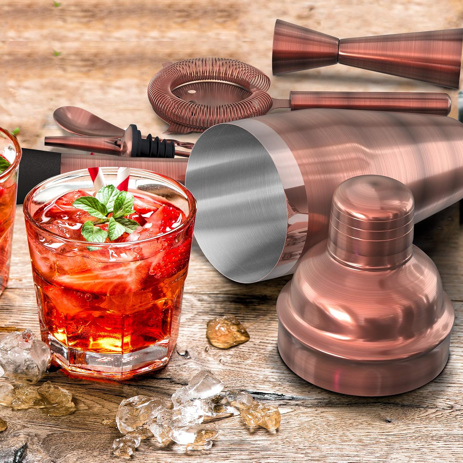 All-inclusive Bar Set | Professional Home Bartender Cocktail Shaker Set | Includes a Recipe Book & All Necessary Bar Tools and Accessories | Impressive Gift for Men! (Brushed Copper)