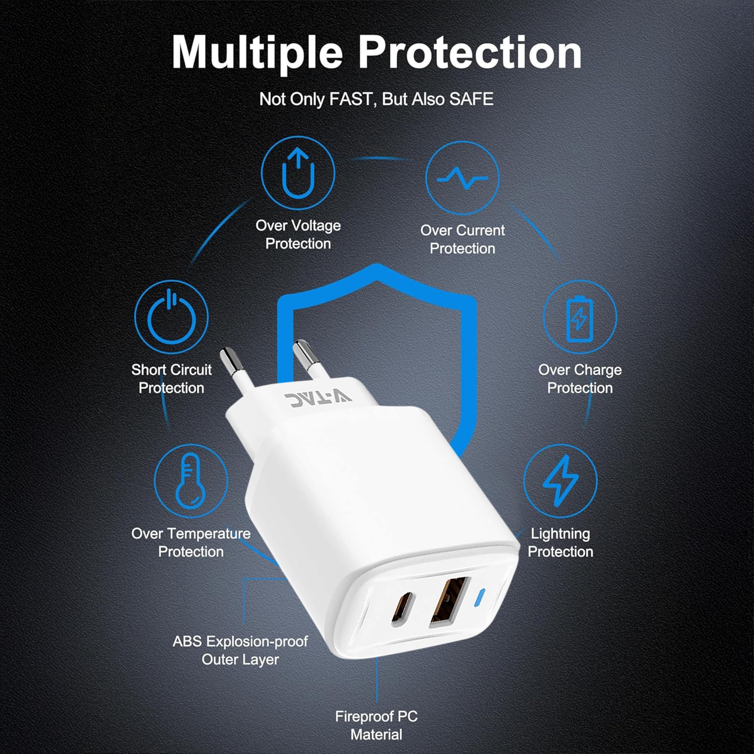 V-TAC Caricatore Rapido USB-C 20W per Iphone e Samsung – [SUPER PICCOLO] - per Smartphone e Dispositivi – 2 Porte: Type C + USB A - Compatibile Iphone 14/15/16/17 PRO/MAX e Galaxy S25 / S26 / A56