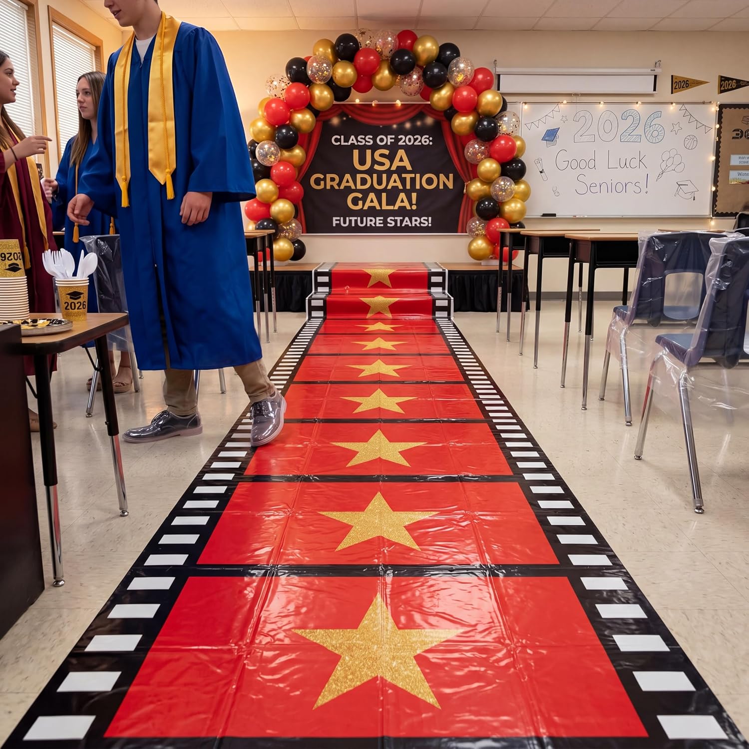 Woanger Plastic Red Carpet Runner for Party 30 μm Thickness Disposable Gold Star Aisle Rugs Prom Carpet Runner for Runway Floor Hallway Movie Theme Wedding Graduation Party Decor(3.3 x 50 Ft,Film)