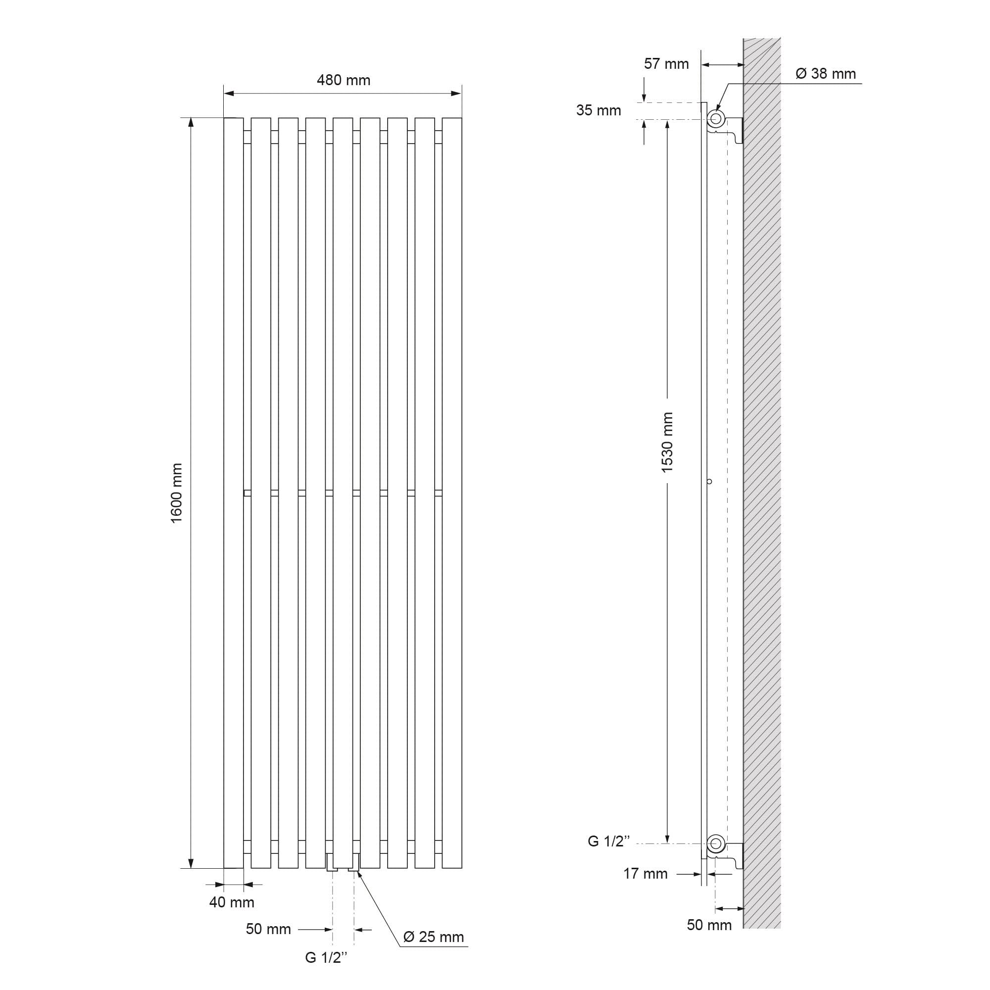 LuxeBath Radiador de Baño Stella 480 x 1600 mm Negro Mate, Calefacción de Diseño Plano de Una Capa, Conexión Central, Estufa de Pared de Acero con Kit de Montaje Incluído, Calefactor de Panel Vertical