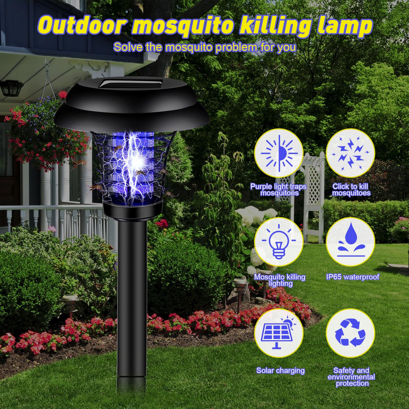 Qualirey 4 lampade a energia solare per insetti e zanzare, impermeabili, per uso interno ed esterno, giardino, patio (plastica, esterno nero/viola e luce calda)