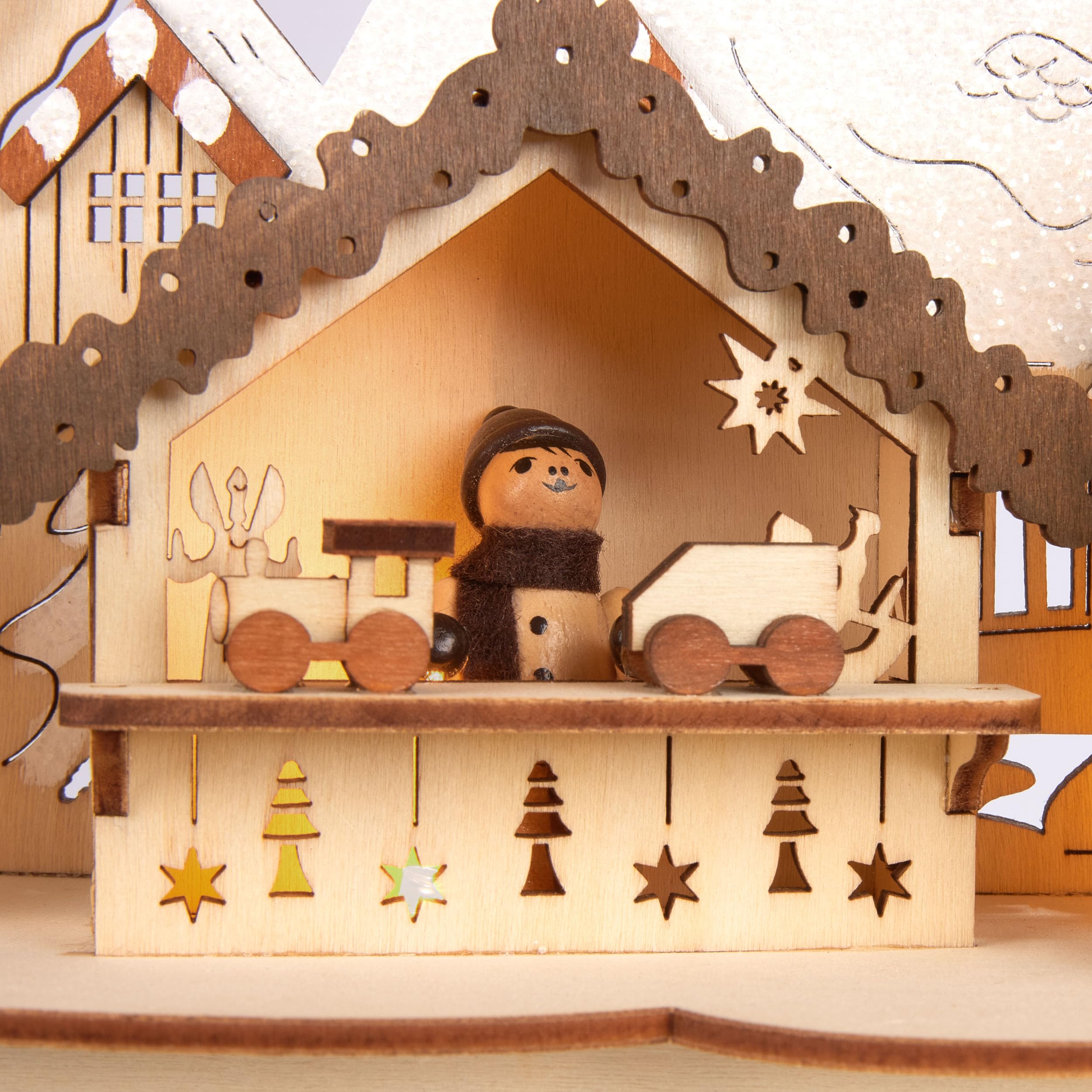 BRUBAKER 3D Lichterbogen - Schwibbogen LED Kerzen - Weihnachtsmarkt 2026 | Weihnachtsbeleuchtung aus Holz Natur - 31 x 41 x 11 cm - Handbemalte Figuren - Weihnachtsdeko für Tisch & Fenster