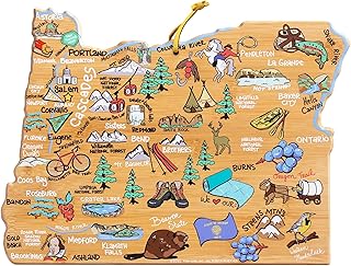 Totally Bamboo Oregon State Shaped Cutting Board and Charcuterie Serving Platter with Artwork by Fish Kiss, Includes Hang Tie for Wall Display