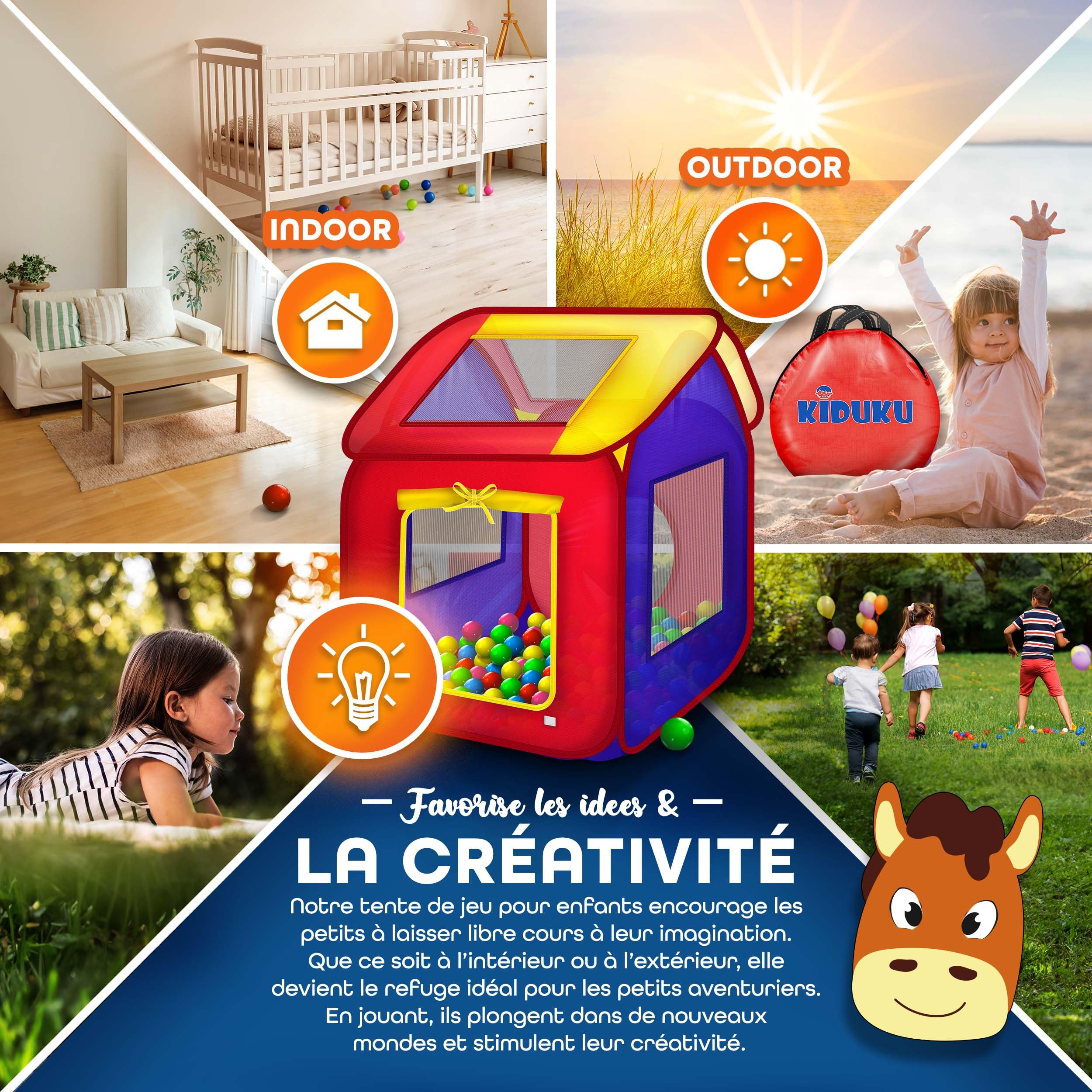 KIDUKU® Tente de Jeu Pop Up + 200 balles + étui de Transport pour l'intérieur et l'extérieur