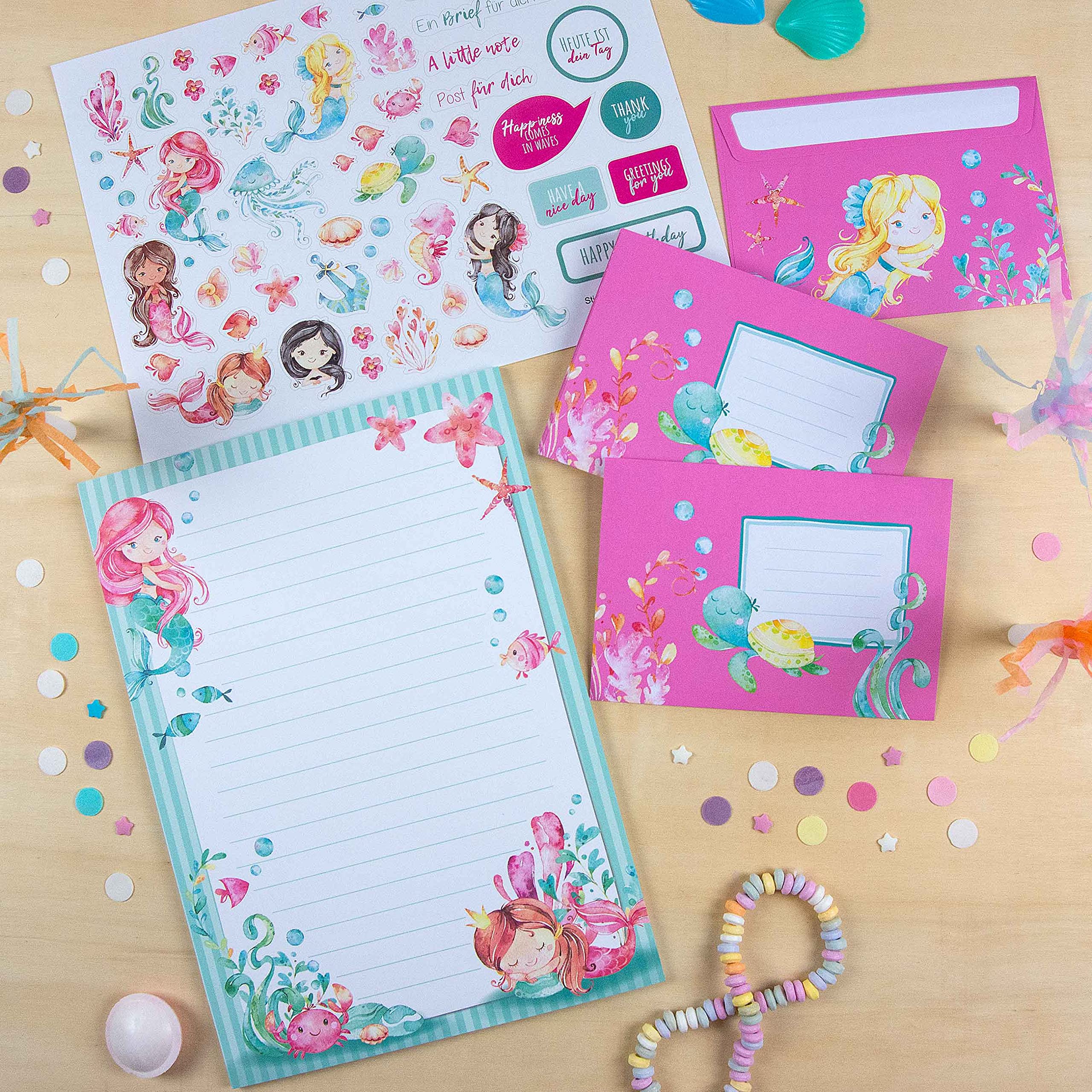 Papierdrachen Set di Blocchi per Lettere - 50 fogli colorati stampati - Carta da lettere con adesivi - 20 buste - Idea regalo per bambini Sirena