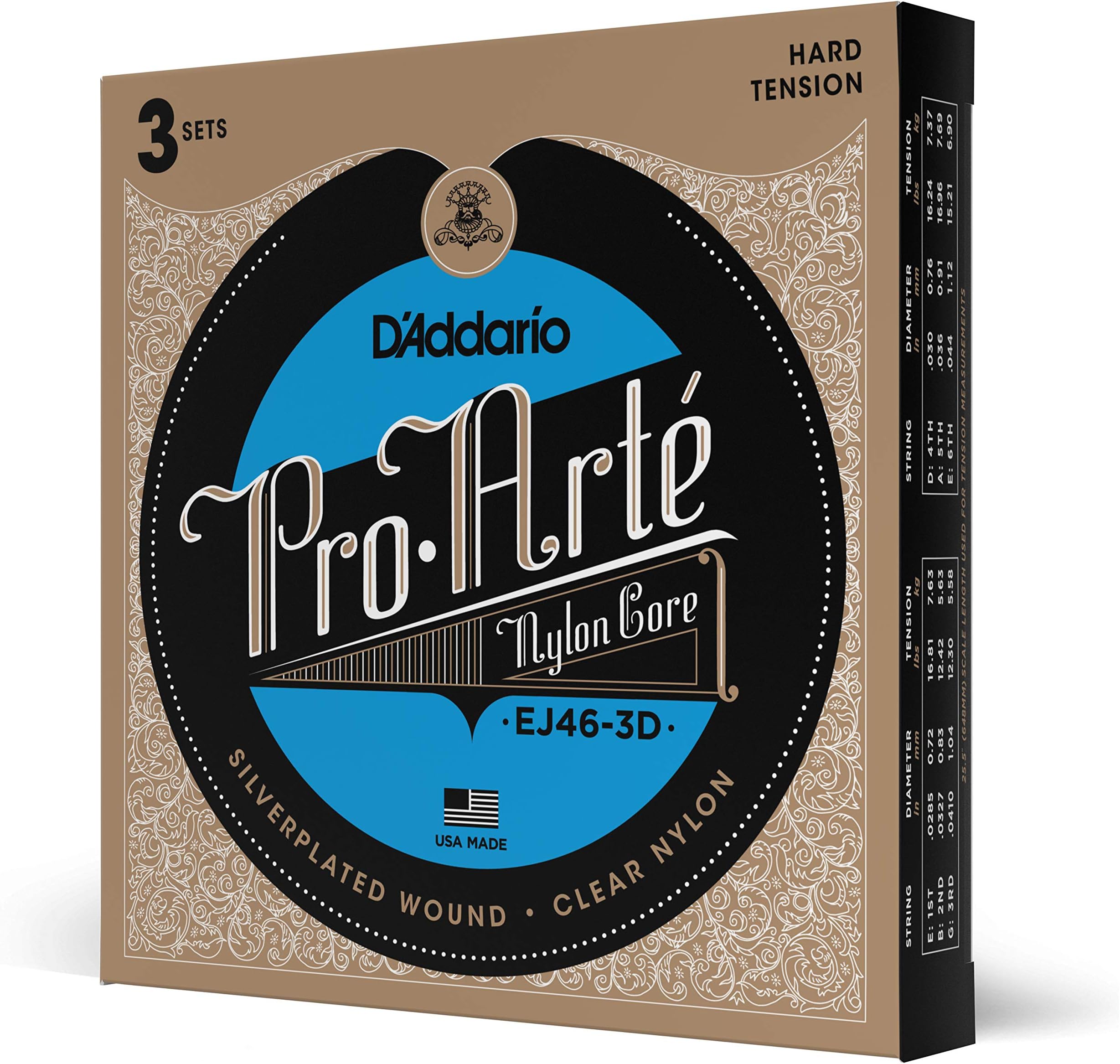 D'Addario EJ46-3D Pro-Arte Nylon Classical Guitar Strings, Hard Tension, 3 Sets