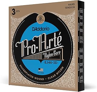 D'Addario Cordas de Guitarra – Cordas de Guitarra Clássica Pro-Arte – EJ46-3D – Cordas de Guitarra de Nylon – Ferida Banhada a Prata, Núcleo de Nylon – Tensão Rígida, Pacote com 3