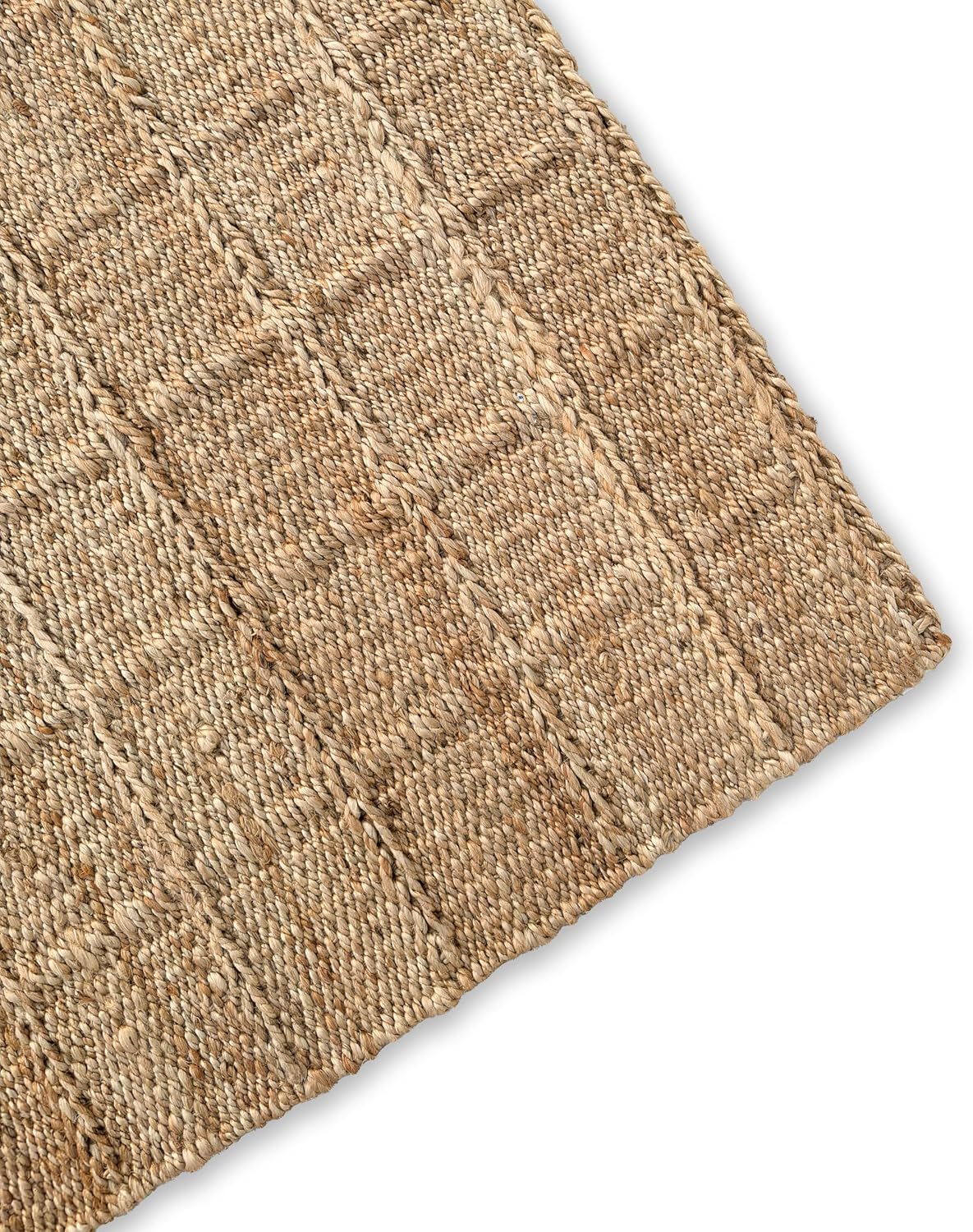 Block Grid Jute Area Rug, Natural, 8'x10' Checkered, Boho, Handwoven, Natural Fiber, for Living Room, Bed Room, Hallway, Kitchen