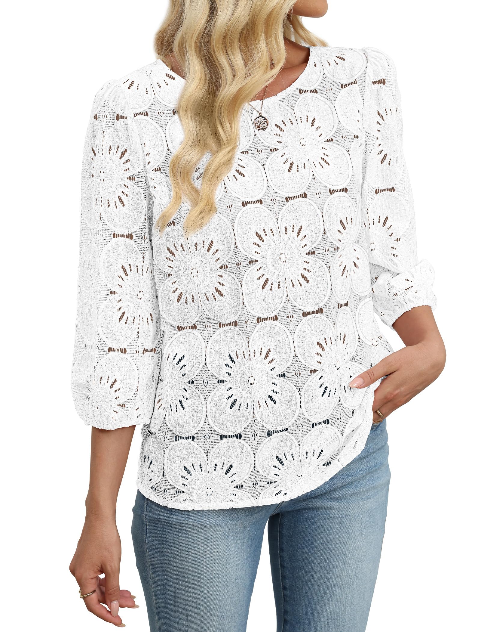 Sampeel Women Blouses Dressy Casual 3/4 Length Sleeve Tops Eyelet Lace Spring Summer Shirts Beach Vacation Clothes — view 3