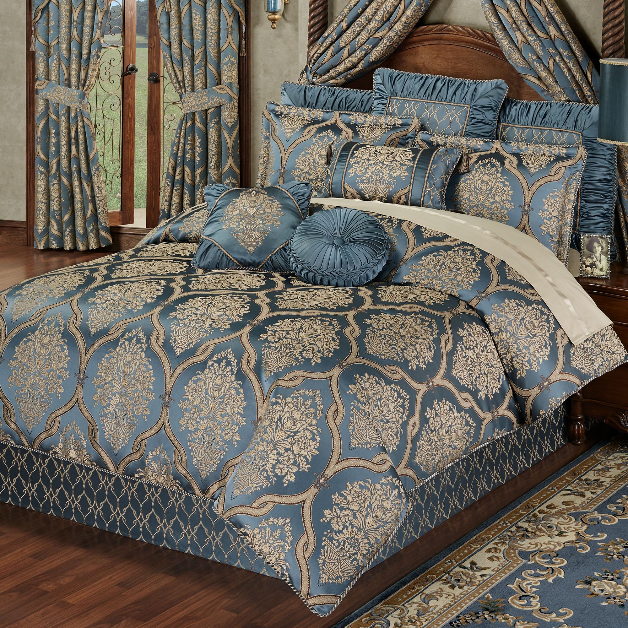 Luxurious Castleton Bedding | Sophisticated Jacquard Woven Damask Medallion Quatrefoil | Steel Blue, Light Gold, Chocolate | 4 Piece Set: Queen Oversized Comforter, 2 Standard Shams, Bedskirt