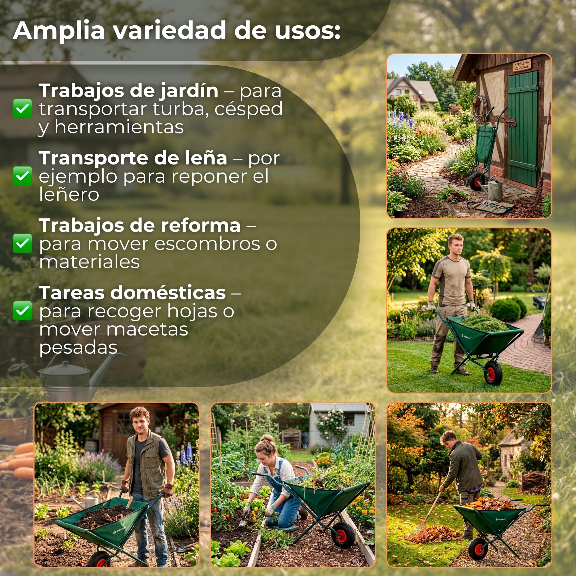 Carretilla de jardín plegable de 50 l con neumáticos de aire, carretilla de transporte de tela Oxford, marco de acero, compartimentos para herramientas, carretilla plegable para jardinería, verde