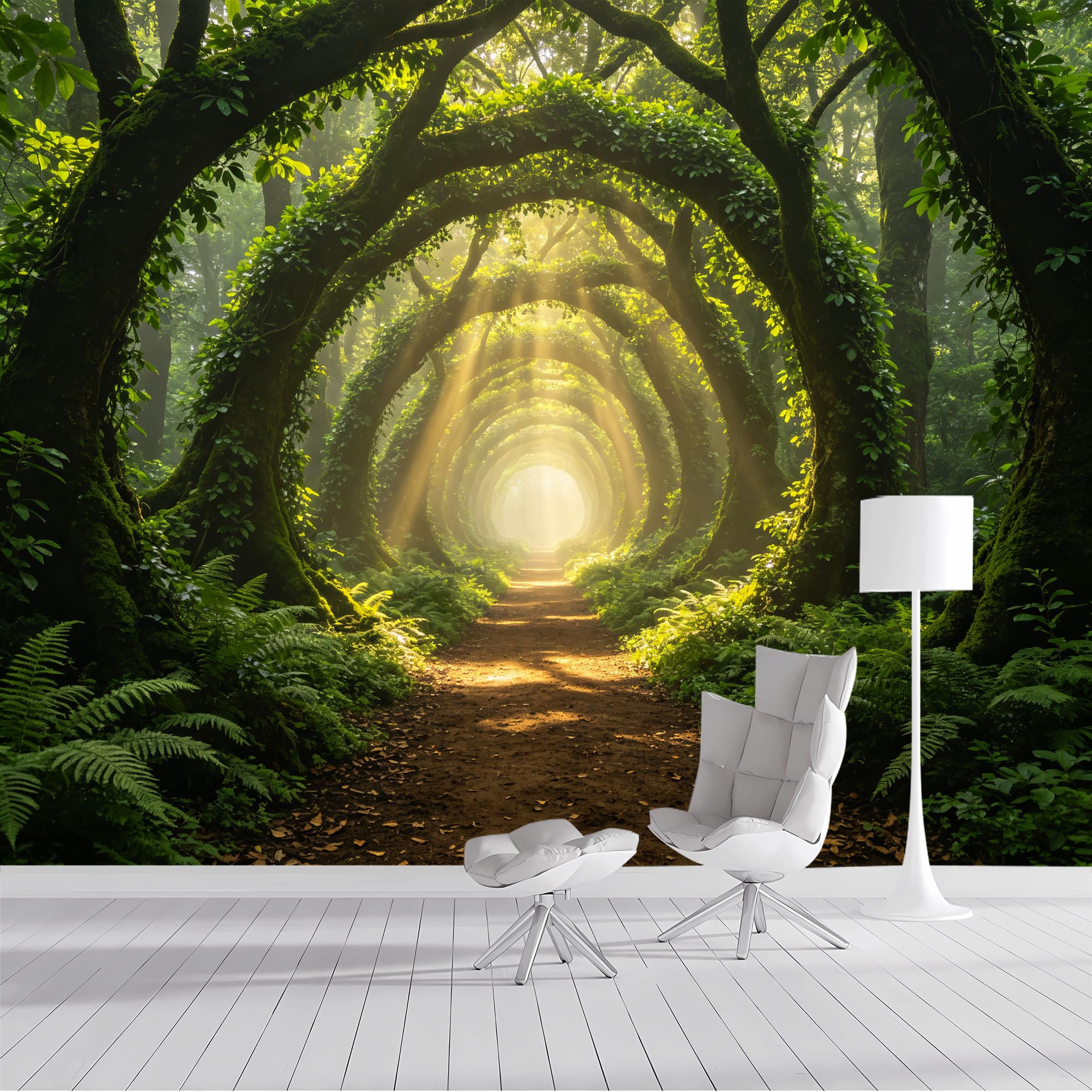 Custom Size Wall Mural Enchanted Forest Tree Tunnel Sunlight Path Landscape Natural Green Botanical SelfAdhesive Wall Fabric Removable Peel and Stick Wallpaper for Living Room Bedroom