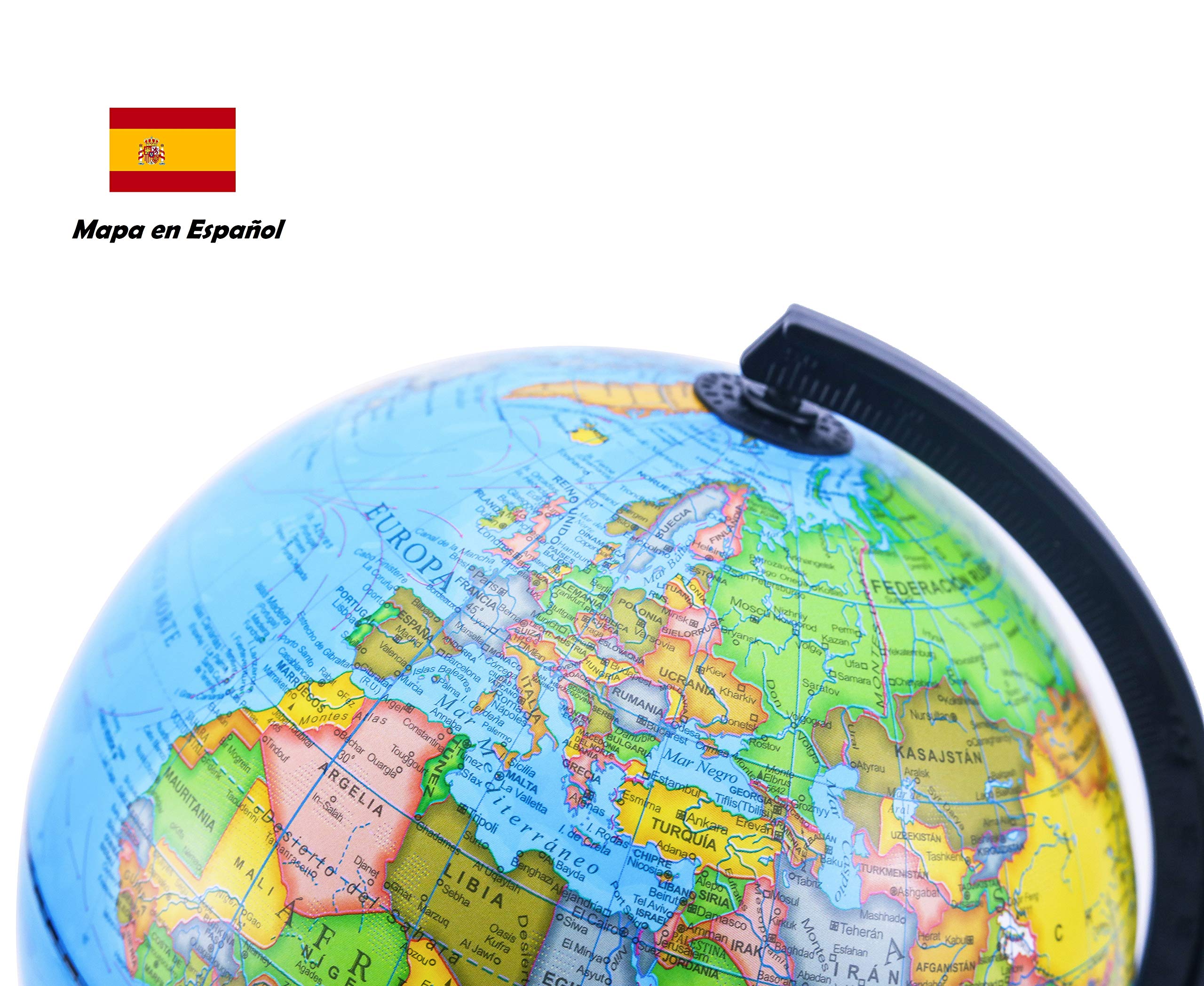 Exerz Globo Terráqueo 20 cm Mapa Español Base Negra Para Escritorio | Diseño giratorio con arco graduado lectura clara para escuela oficina habitación estudio y regalo educativo