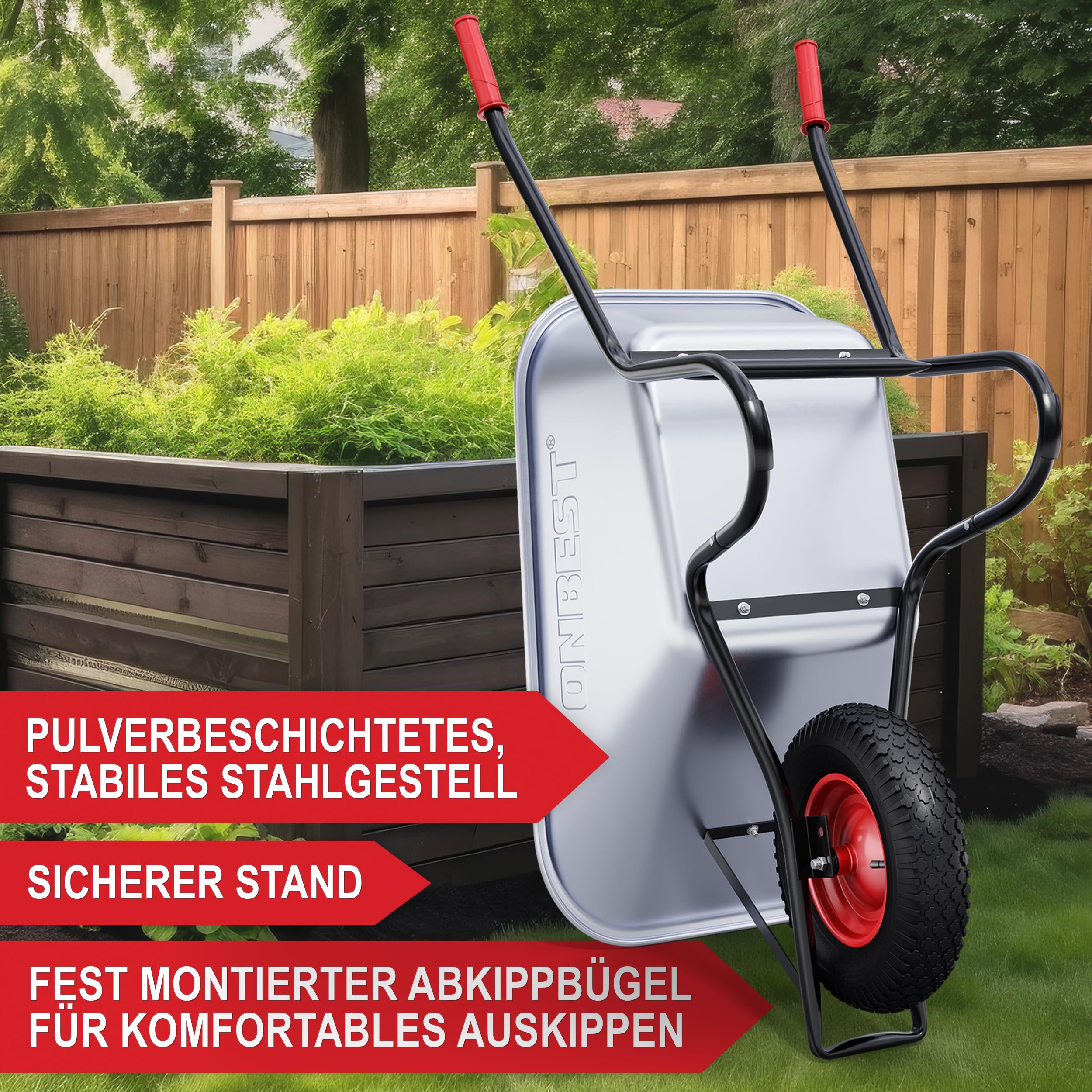 ONBEST Schubkarre mit 100 Liter vollverzinkt Silber – 250 kg Tragkraft – Luftreifen auf Stahlfelge – pulverbeschichteter Stahlrahmen schwarz – Bauschubkarre Gartenkarre – Plus Gartenabfallsack groß