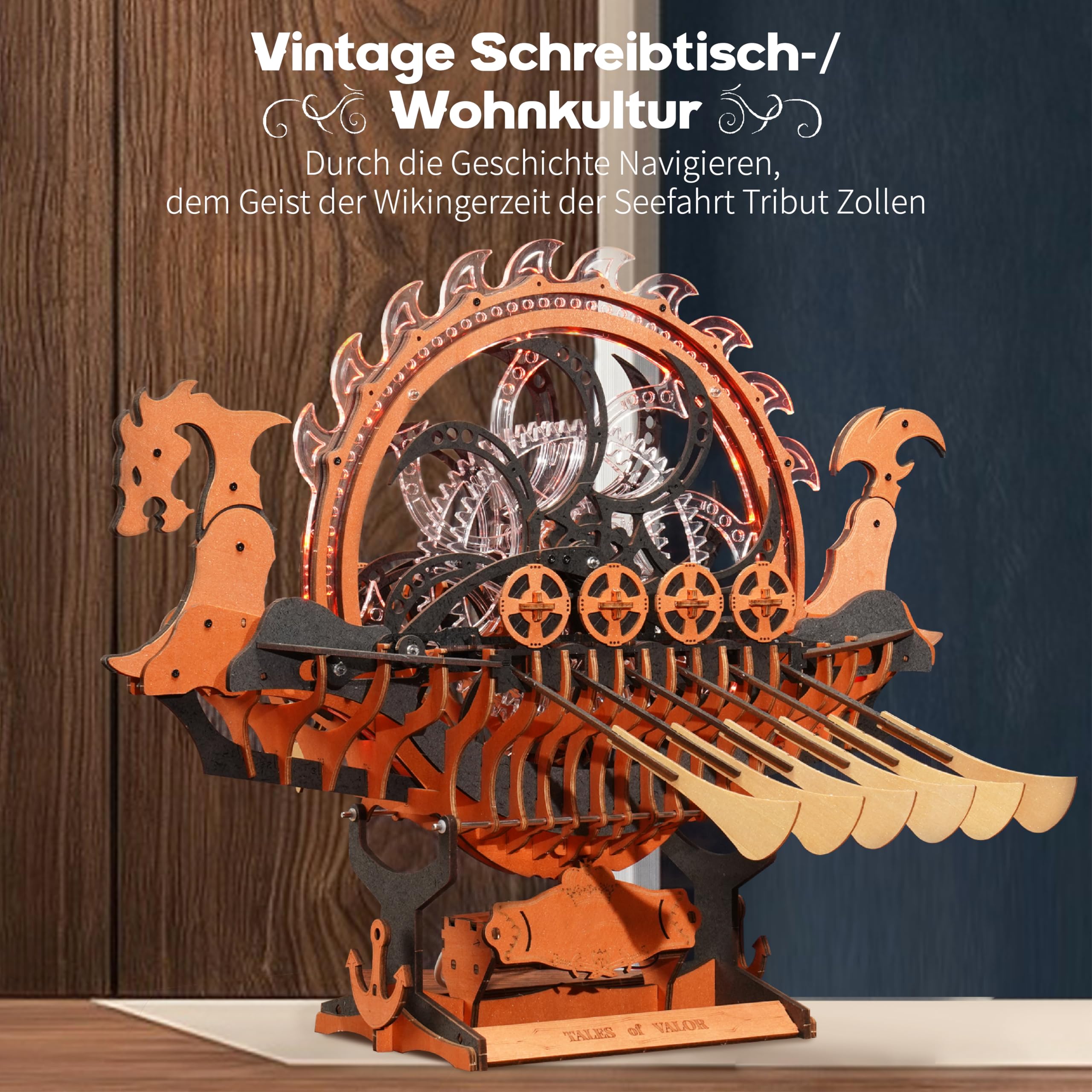 ROBOTIME Holzpuzzle Erwachsene Modellbausatz Schiff, 3D Puzzle Holz Holzpuzzle Erwachsene, Wikingerschiff mit Motor und LED-Leuchten, Mechanischer Zahnradantrieb, Geschenke Drachenschiff LK802