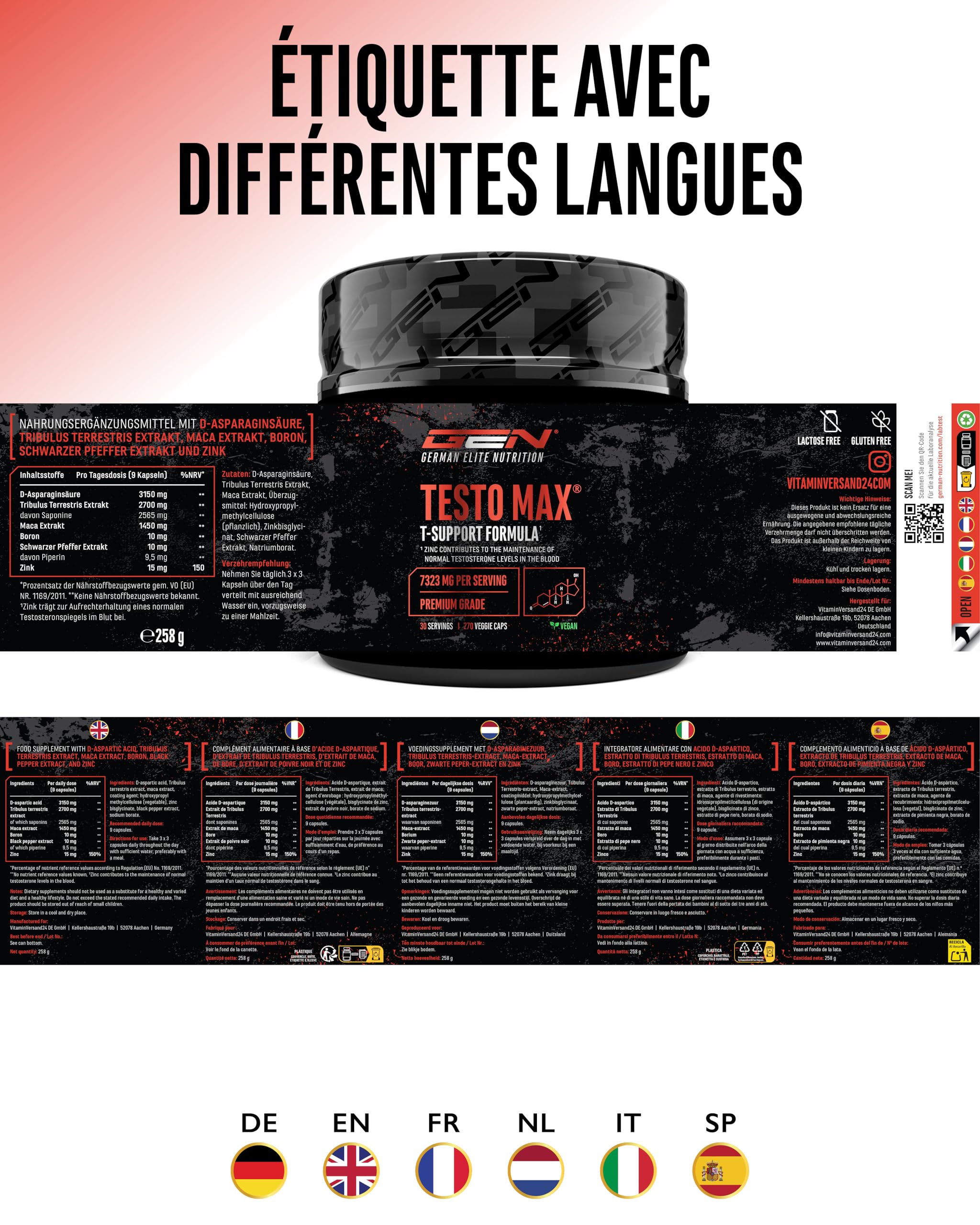 Testo MAX® - 270 Gélules - Extra Forte Dose avec 7323 mg par Dose Journalière - avec Acide D-Aspartique - Tribulus - Extrait de Maca - Bore - Zinc - Acides Aminés - Végan | Avec acide D-asparaginique, tribulus et maca, 7323 mg par dose journalière, avec b