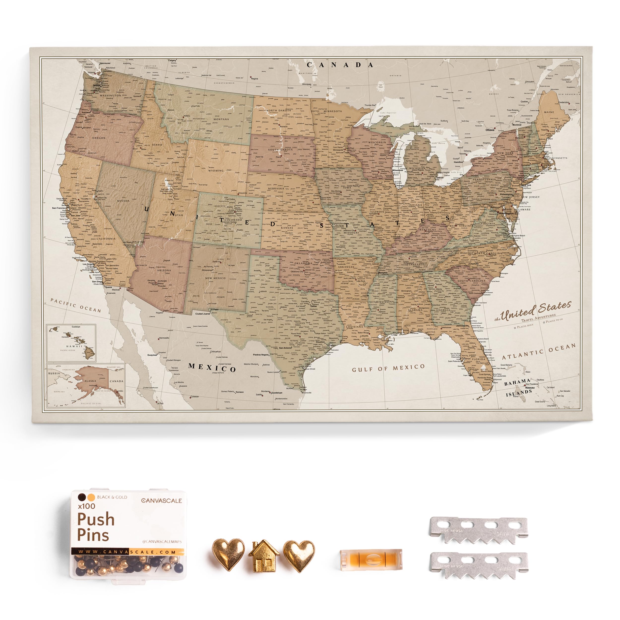 USA Map Canvas Wall Art with Cork Pin Board – Decorative Push Pin Travel Map for Home, Office, Living Room, Bedroom (90x60cm - Pattern 16)